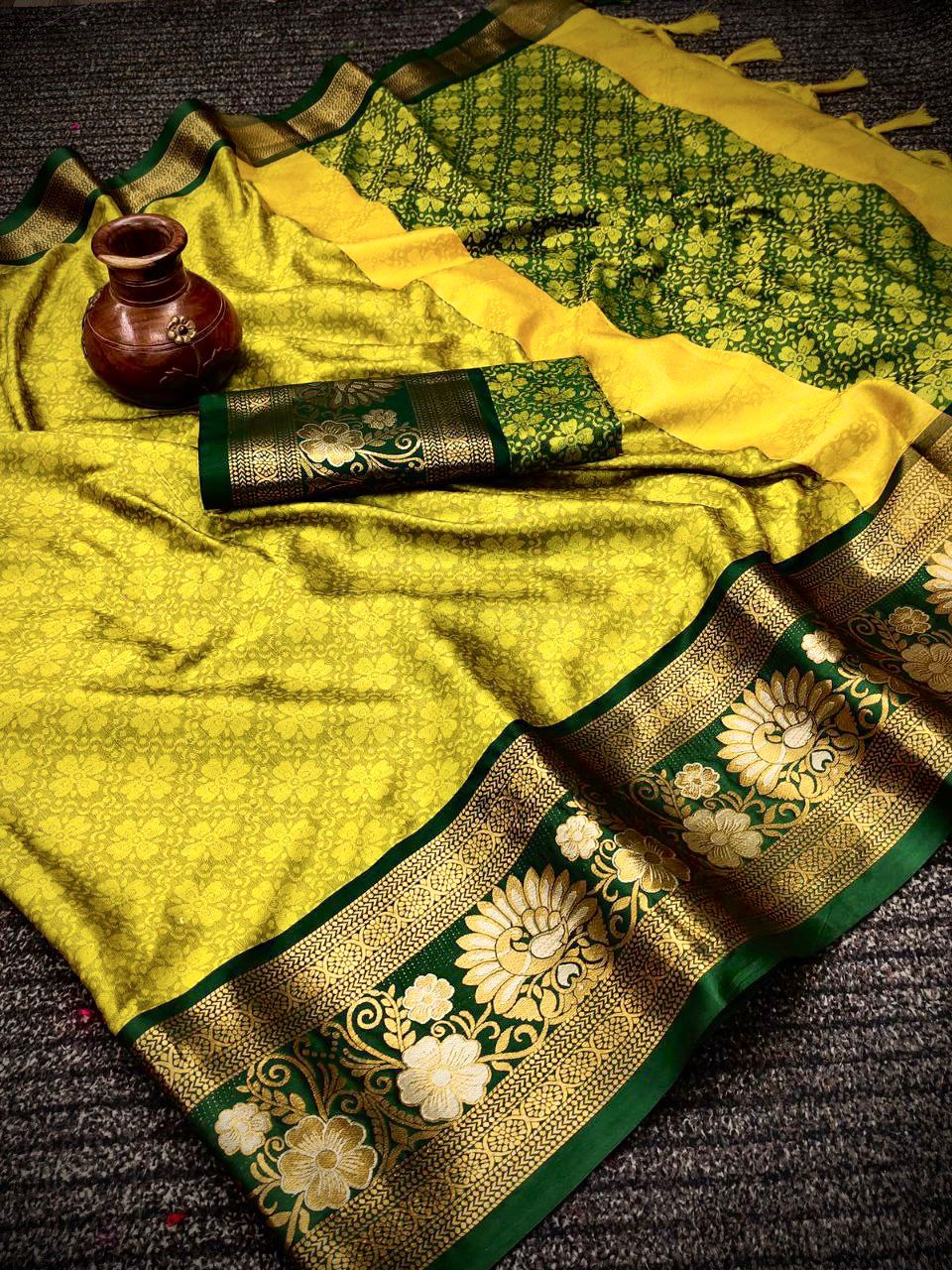 Lemon and Green Chakli Kanjivaram Silk Saree