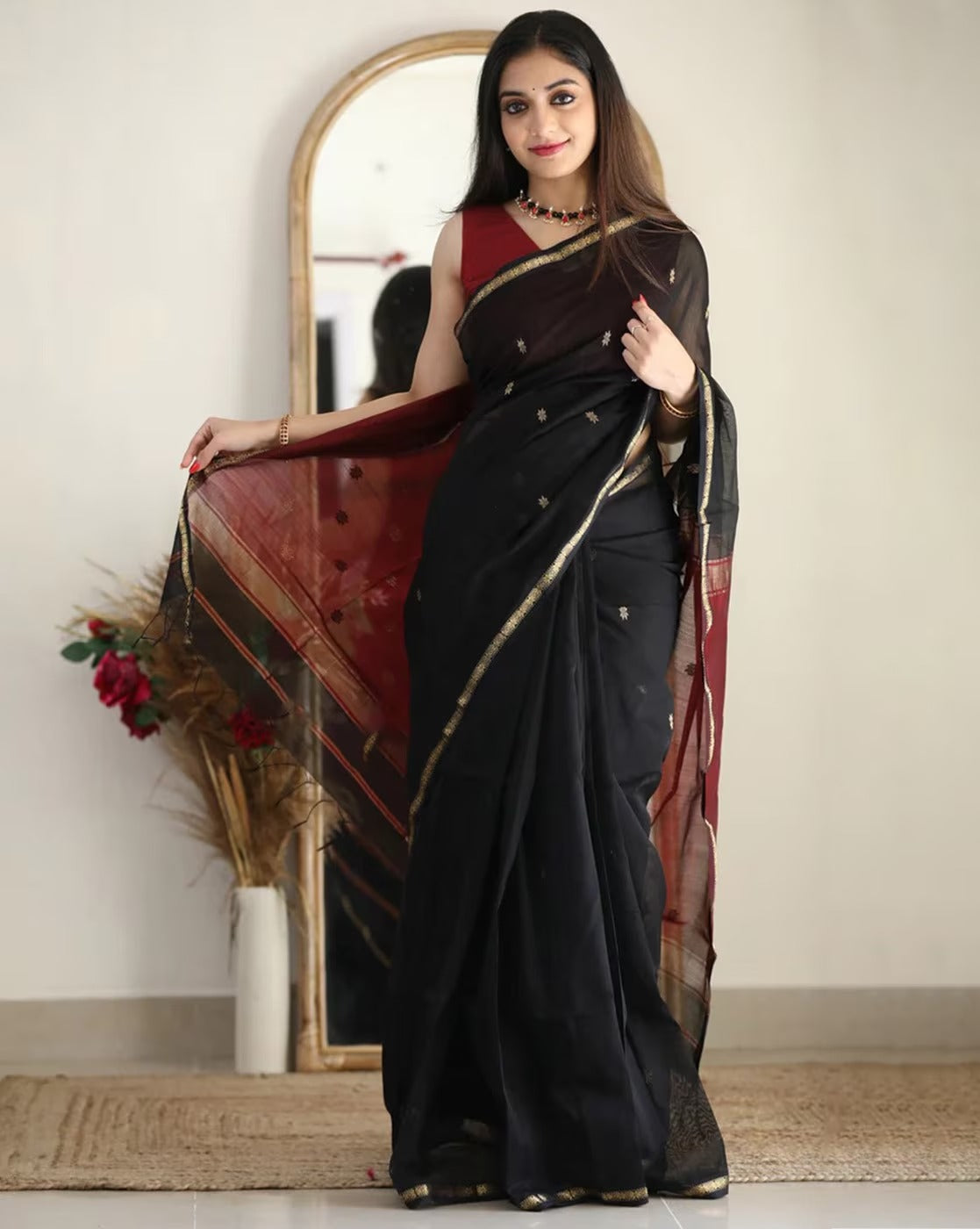 Black and Maroon Boarder Chhaya Cotton Saree