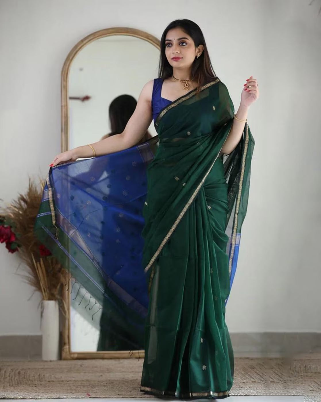 Green and Navy Blue Boarder Chhaya Cotton Saree