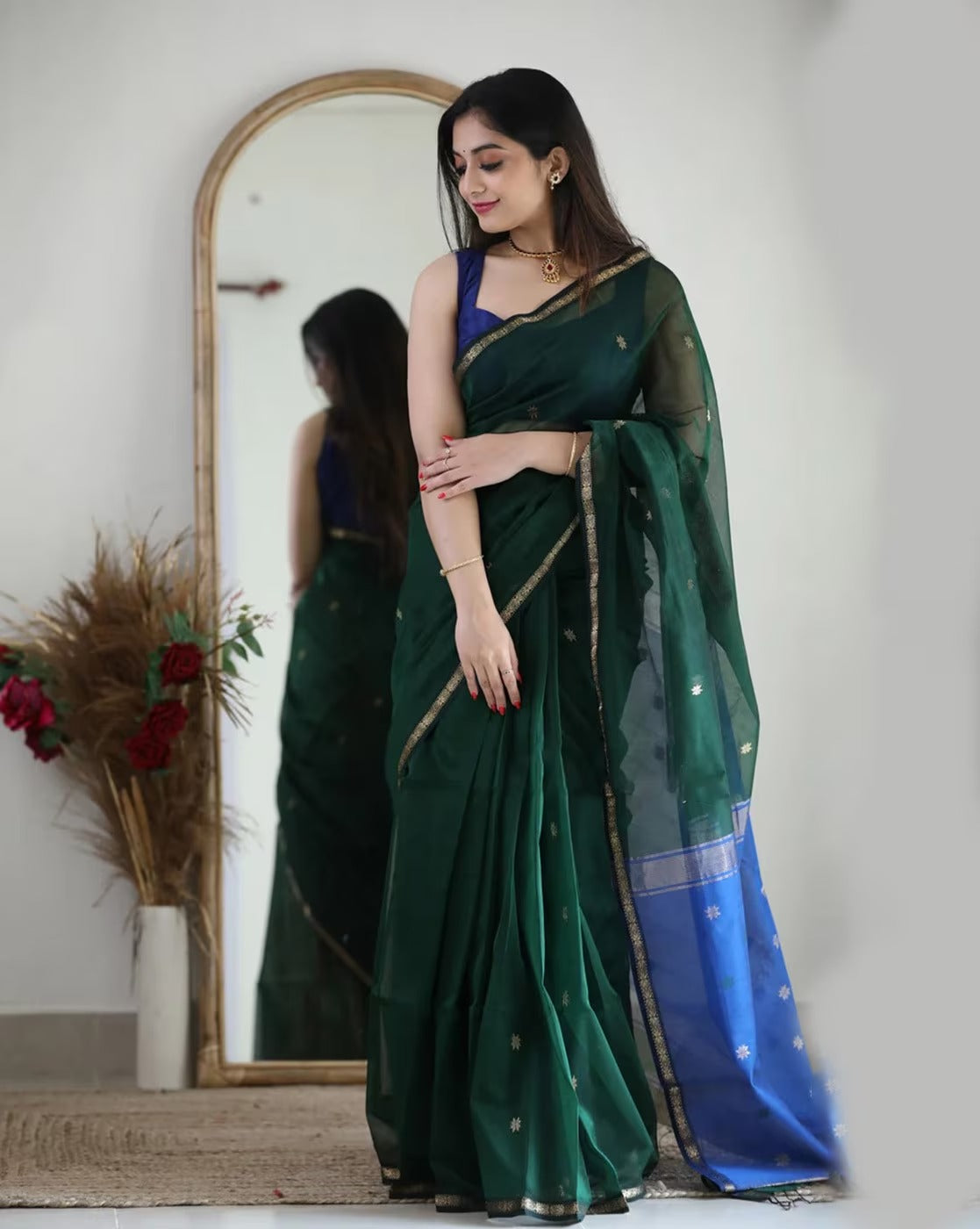 Green and Navy Blue Boarder Chhaya Cotton Saree