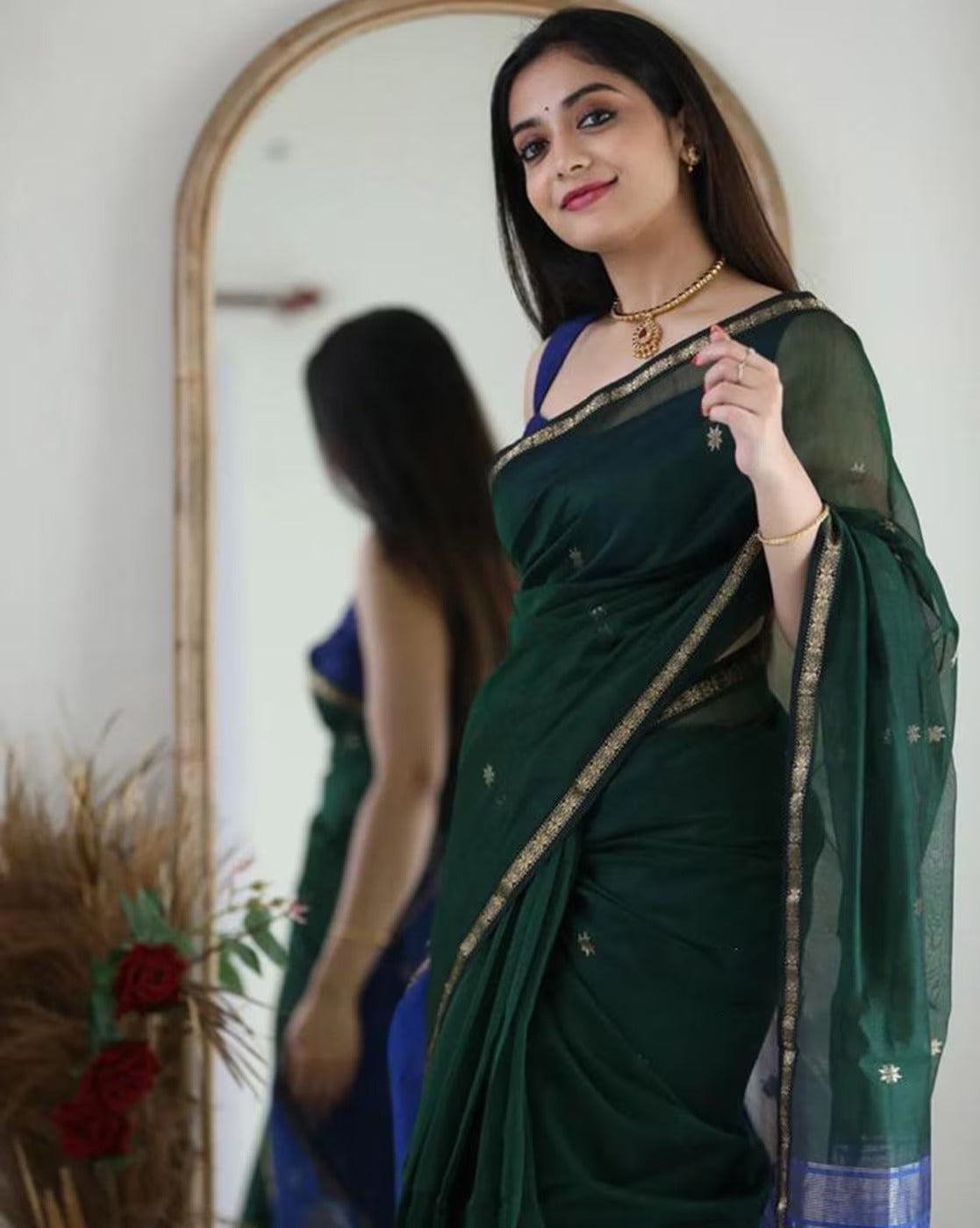 Green and Navy Blue Boarder Chhaya Cotton Saree