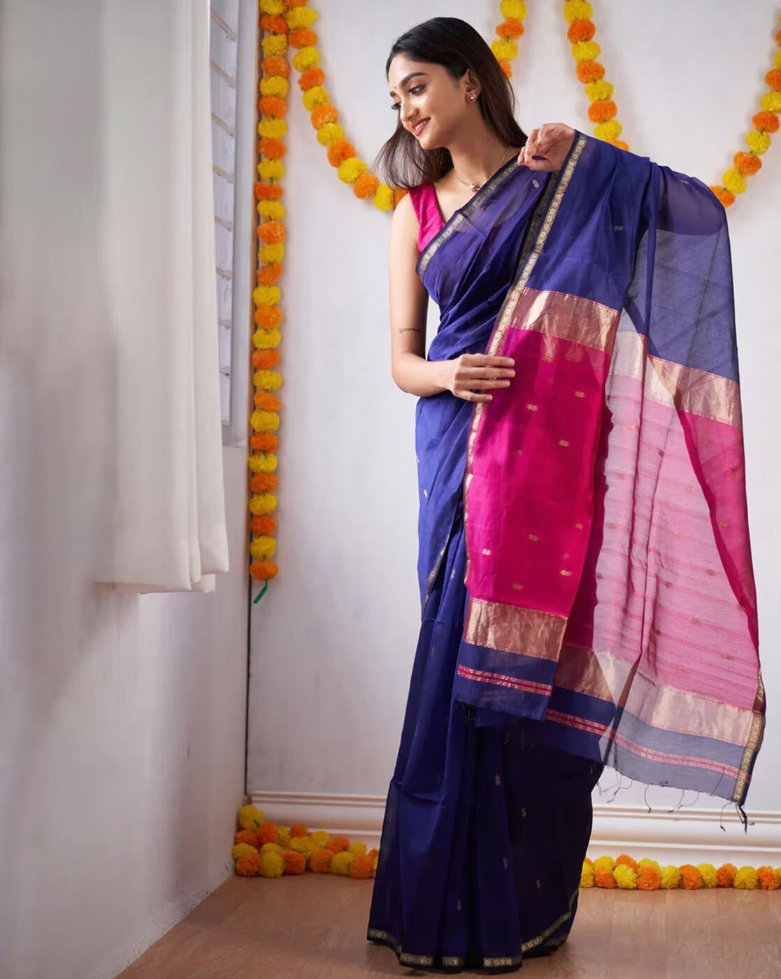 Blue and Pink Boarder Chhaya Cotton Saree