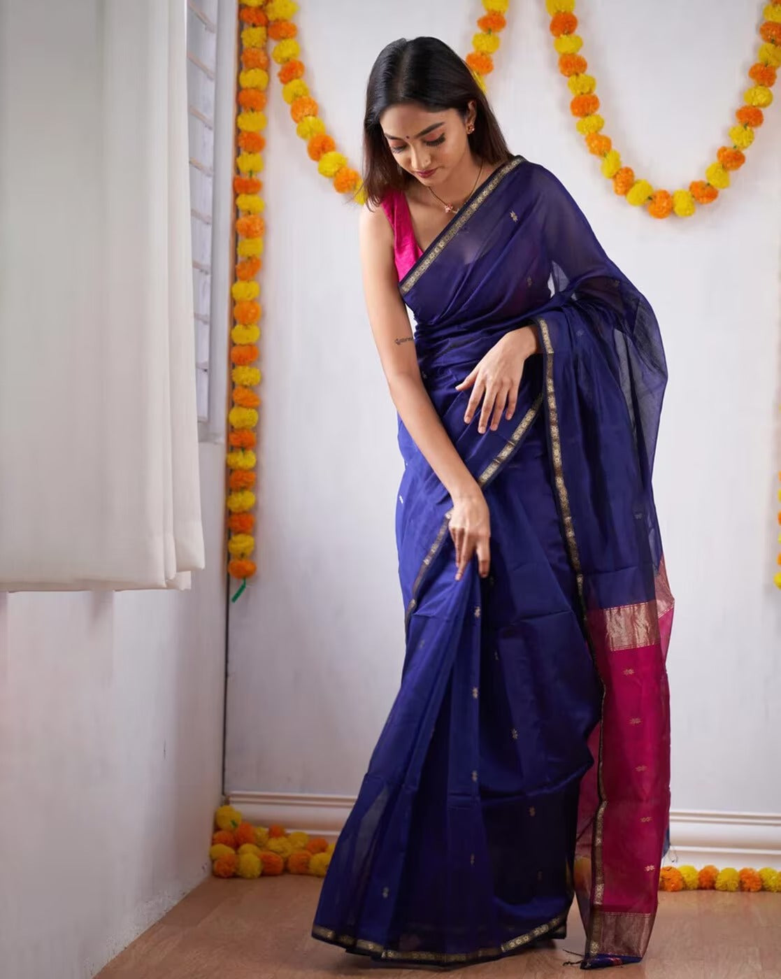 Blue and Pink Boarder Chhaya Cotton Saree