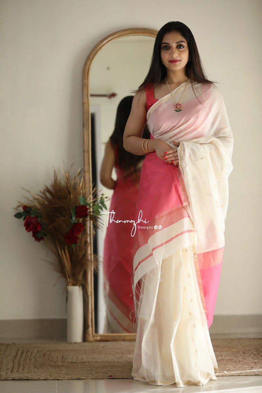 White and Pink Boarder Chhaya Cotton Saree