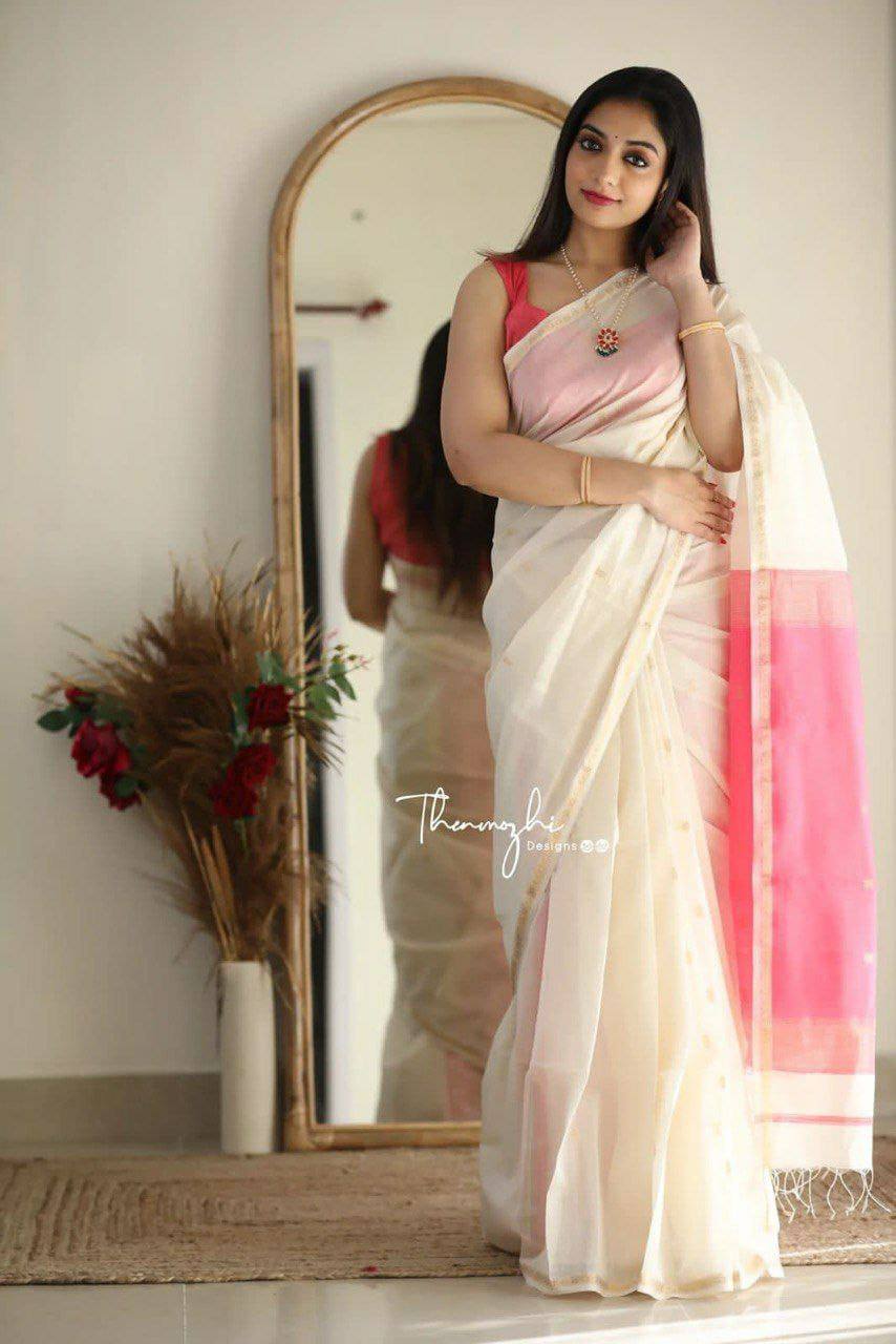 White and Pink Boarder Chhaya Cotton Saree