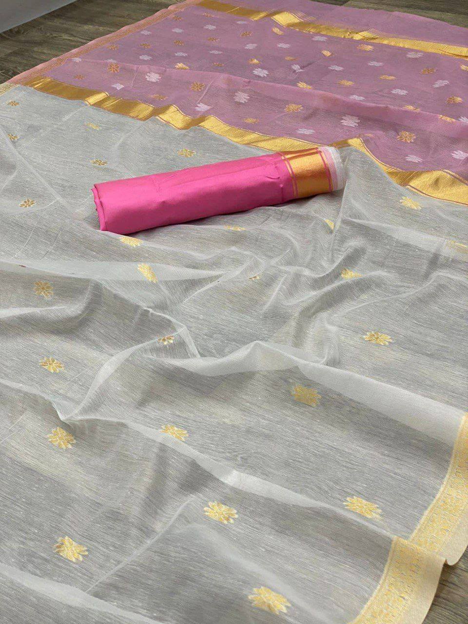 White and Pink Boarder Chhaya Cotton Saree