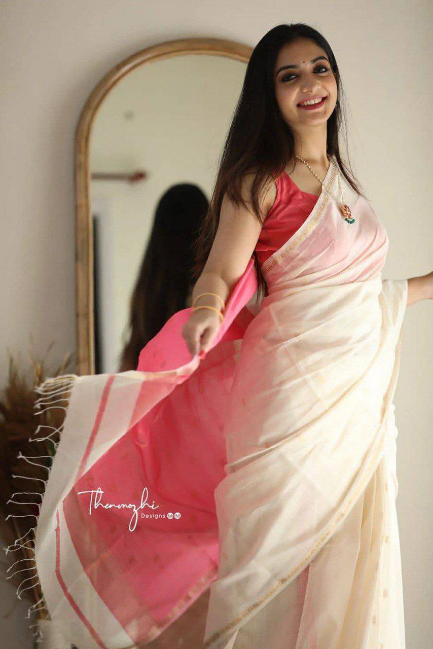 White and Pink Boarder Chhaya Cotton Saree