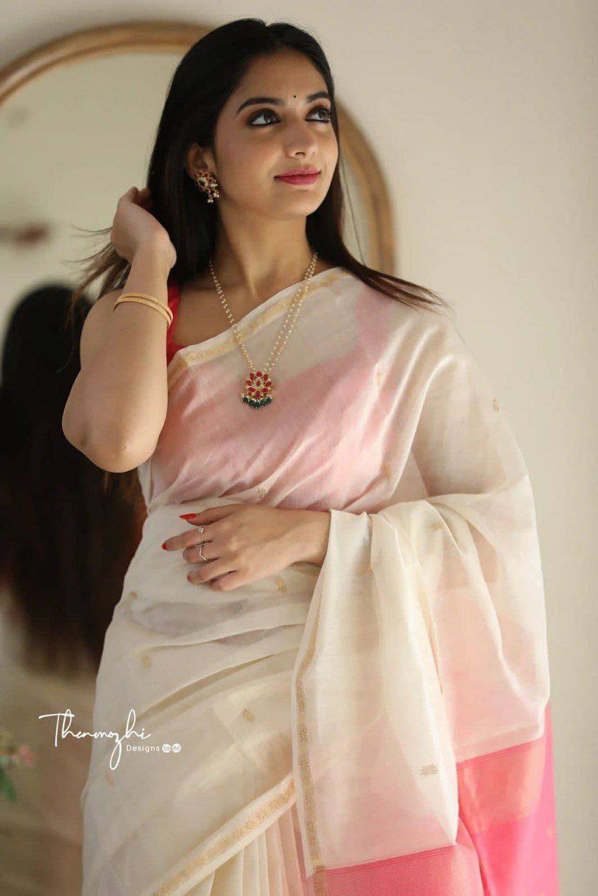 White and Pink Boarder Chhaya Cotton Saree