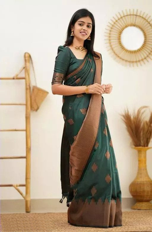 Green Jacquard Boarder Copper Divya Kanjivaram Silk Saree