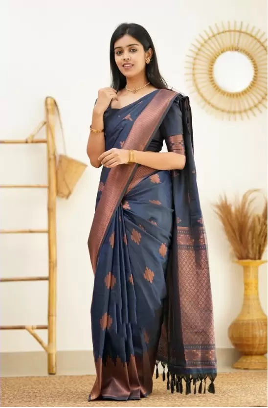 Navy Blue Jacquard Boarder Copper Divya Kanjivaram Silk Saree