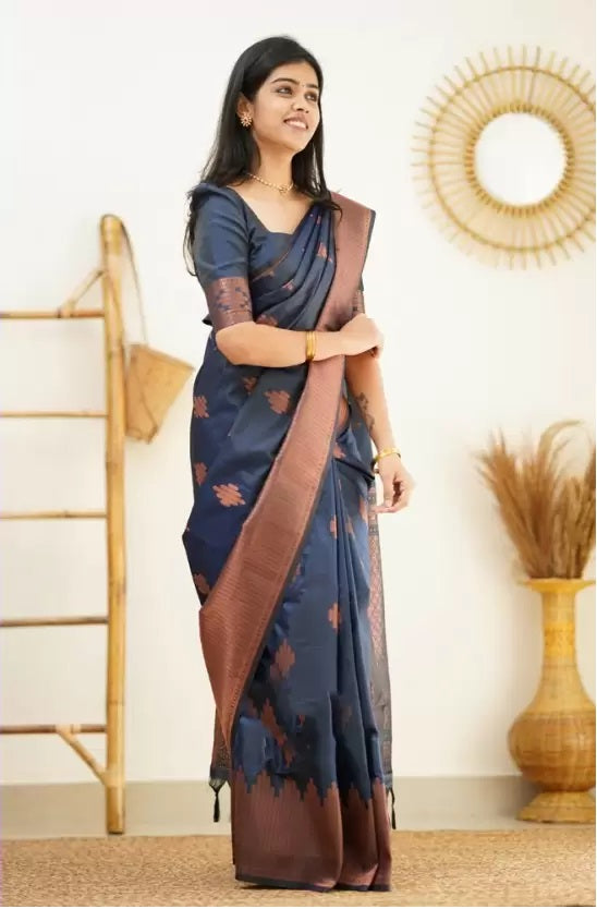 Navy Blue Jacquard Boarder Copper Divya Kanjivaram Silk Saree