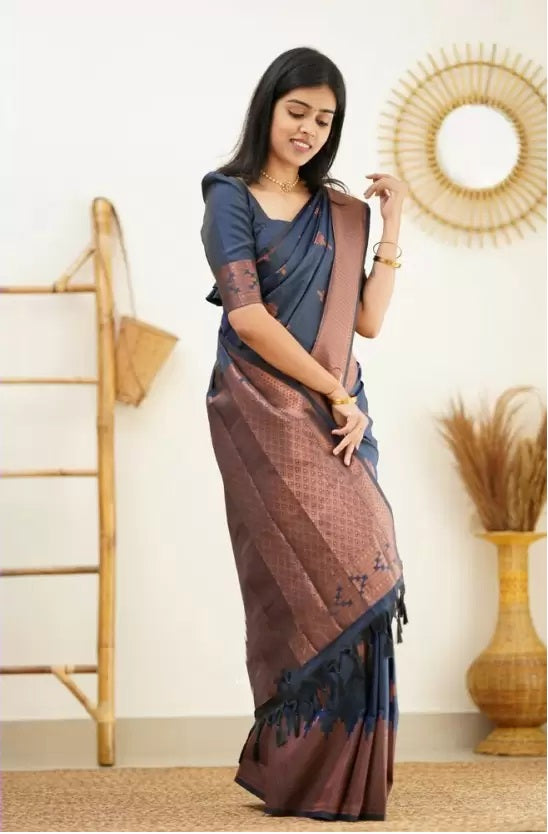 Navy Blue Jacquard Boarder Copper Divya Kanjivaram Silk Saree