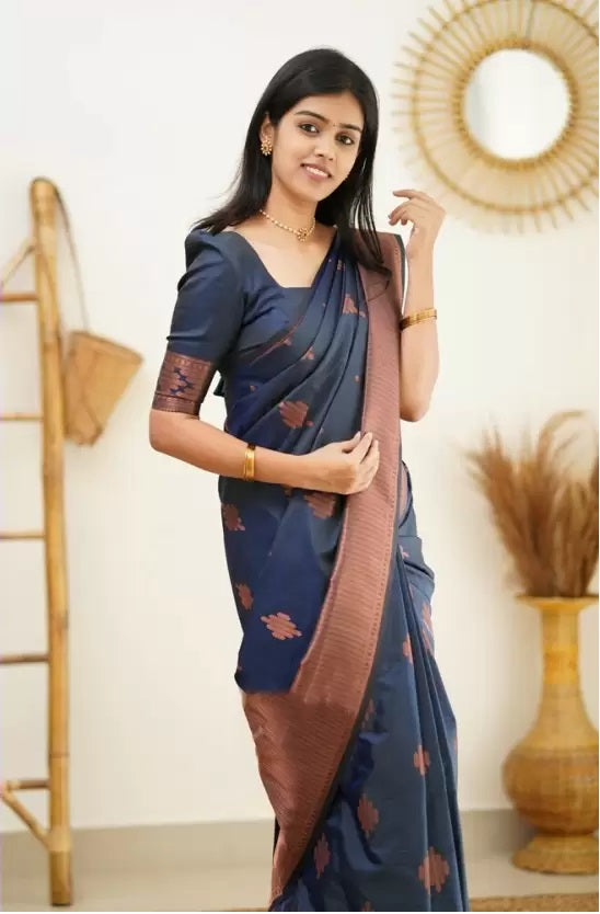 Navy Blue Jacquard Boarder Copper Divya Kanjivaram Silk Saree