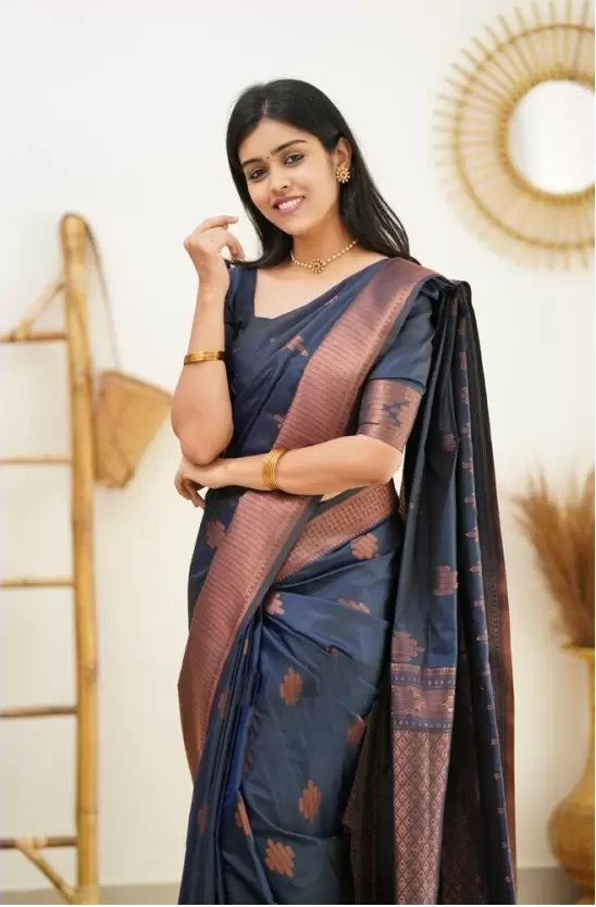 Navy Blue Jacquard Boarder Copper Divya Kanjivaram Silk Saree