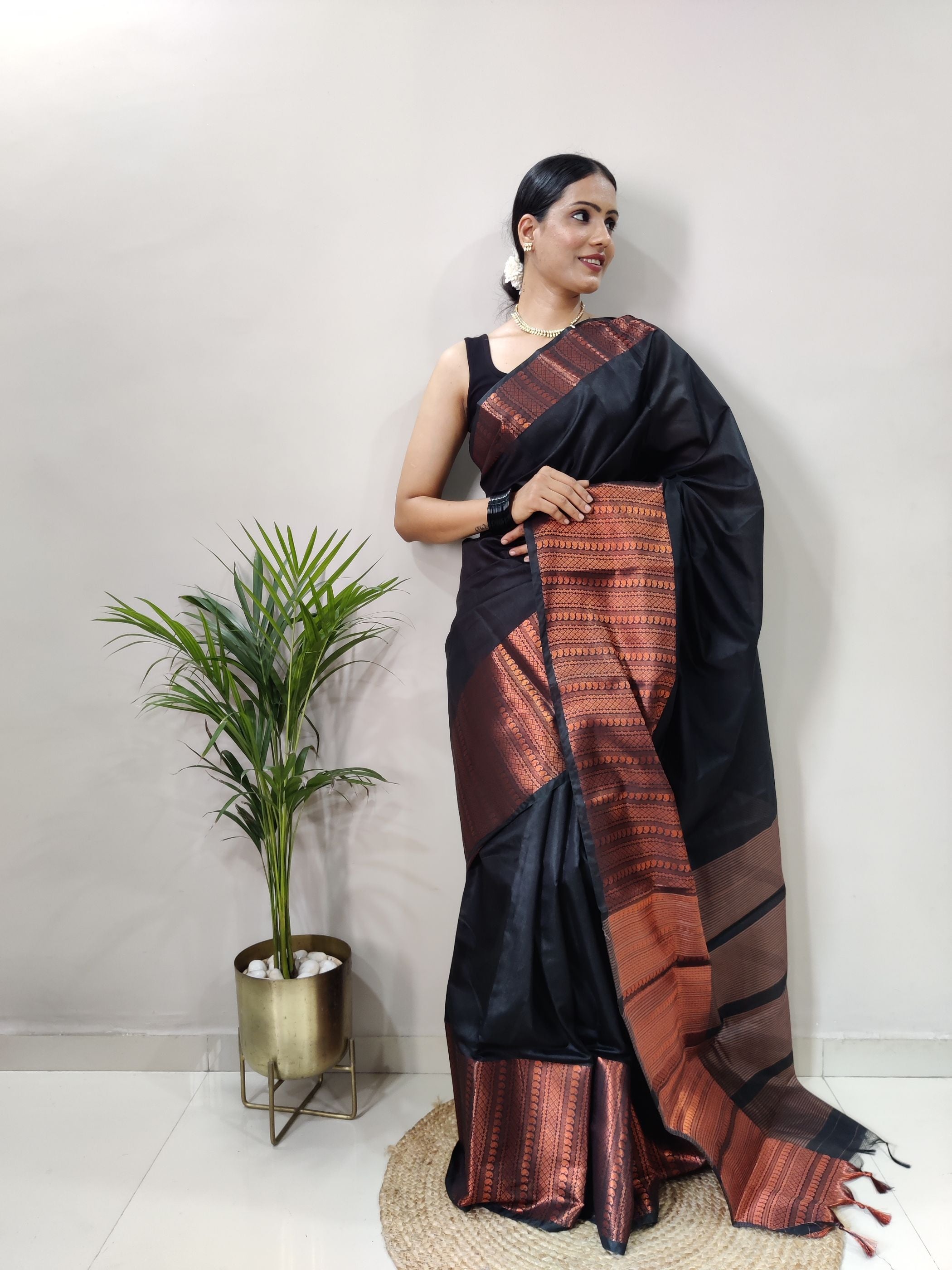 Black Copper Design Mango Kanjivaram Silk Saree