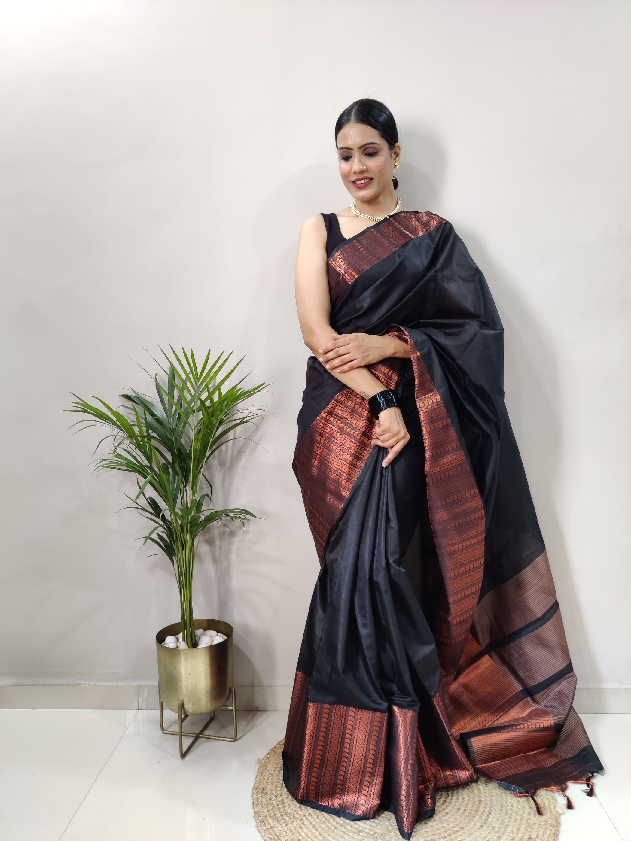 Black Copper Design Mango Kanjivaram Silk Saree