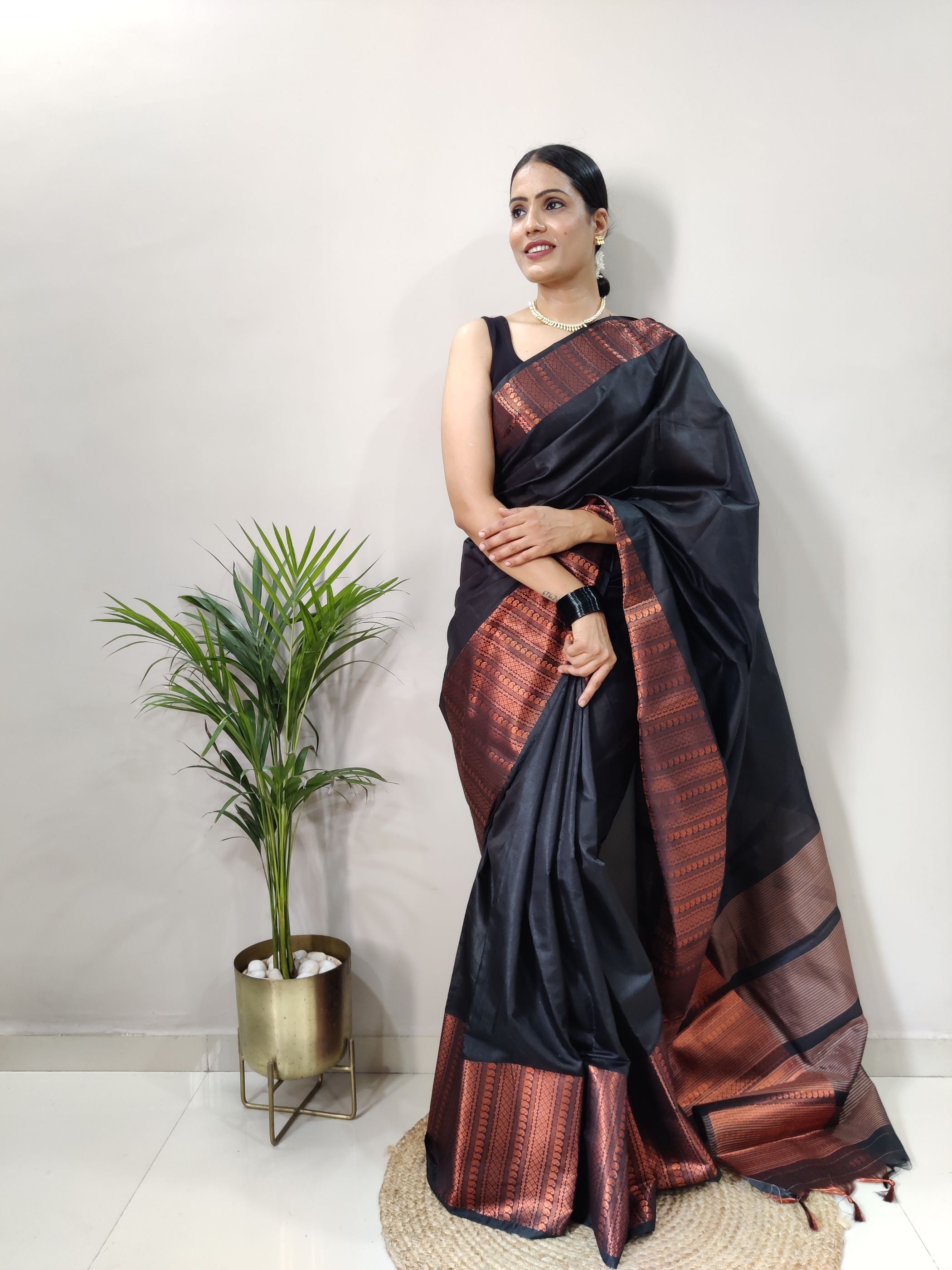 Black Copper Design Mango Kanjivaram Silk Saree