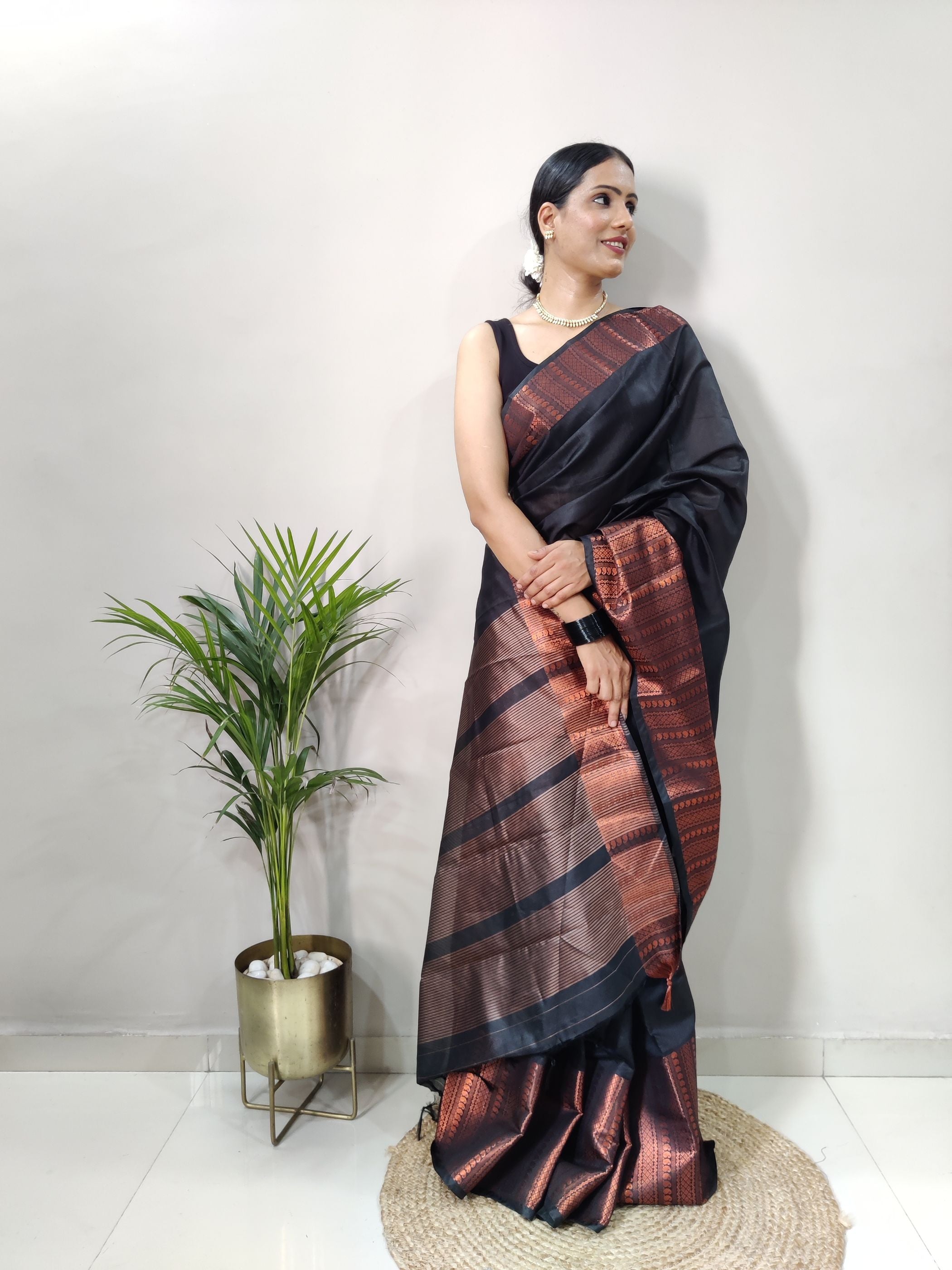 Black Copper Design Mango Kanjivaram Silk Saree