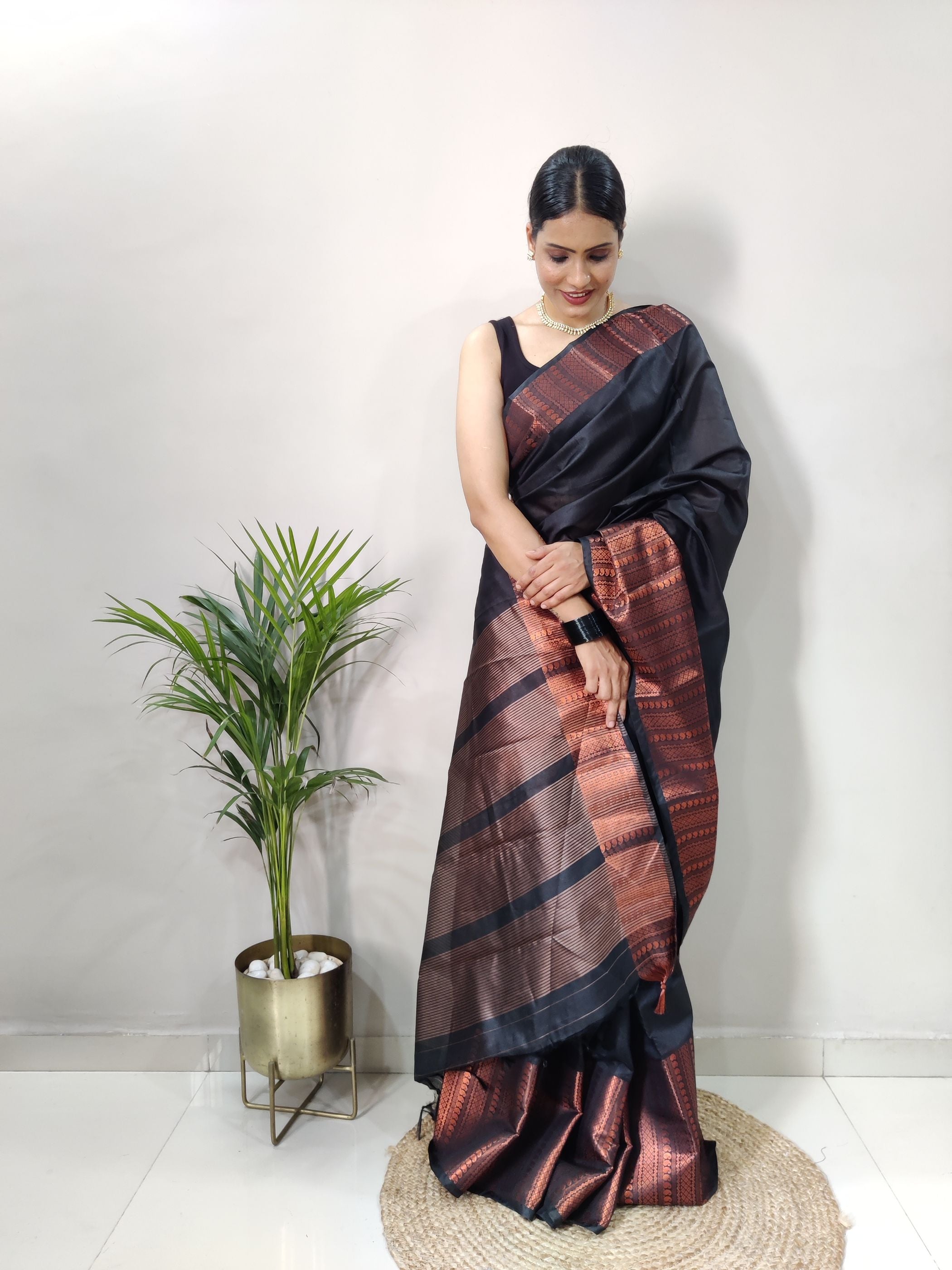 Black Copper Design Mango Kanjivaram Silk Saree