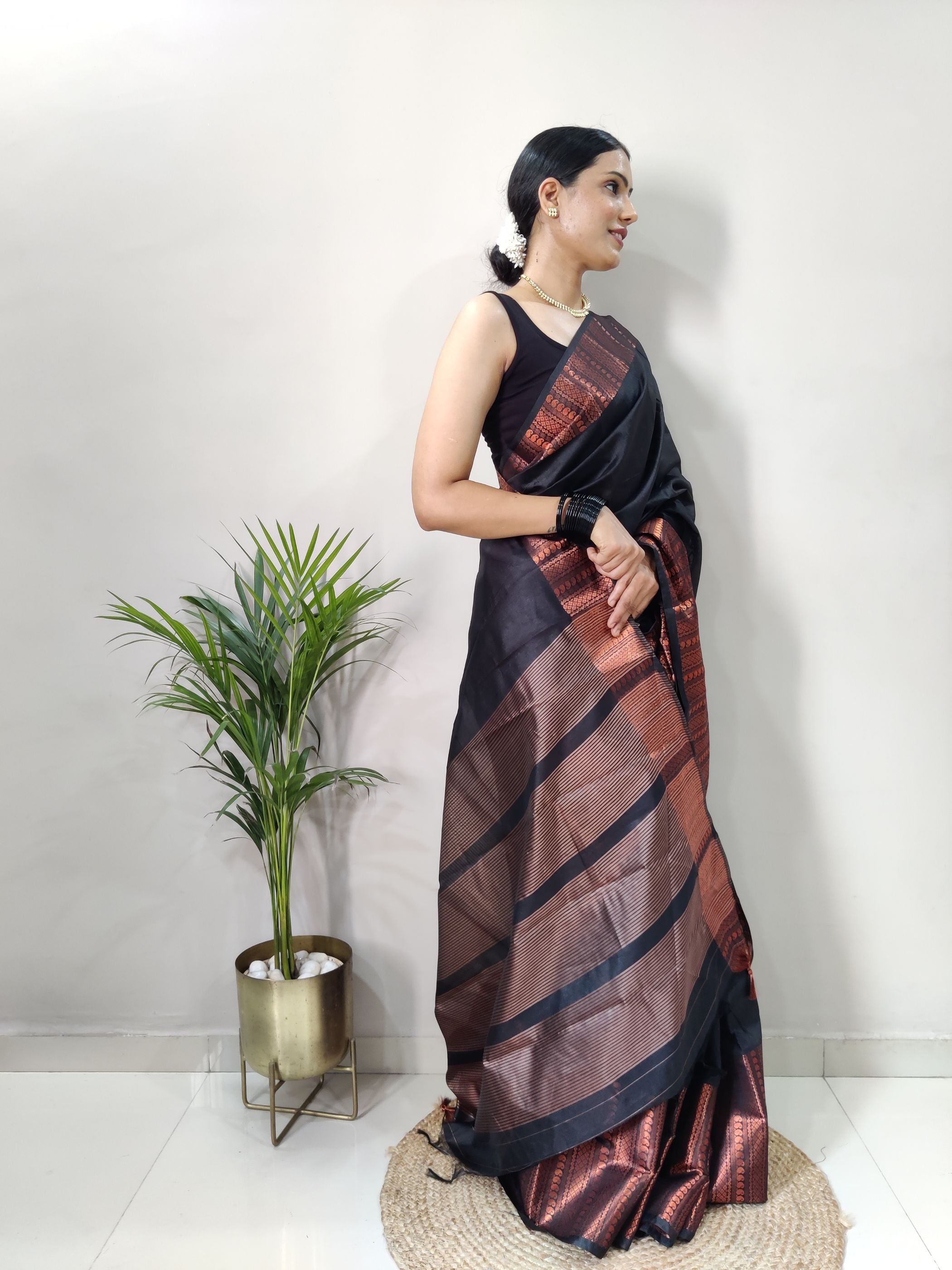 Black Copper Design Mango Kanjivaram Silk Saree