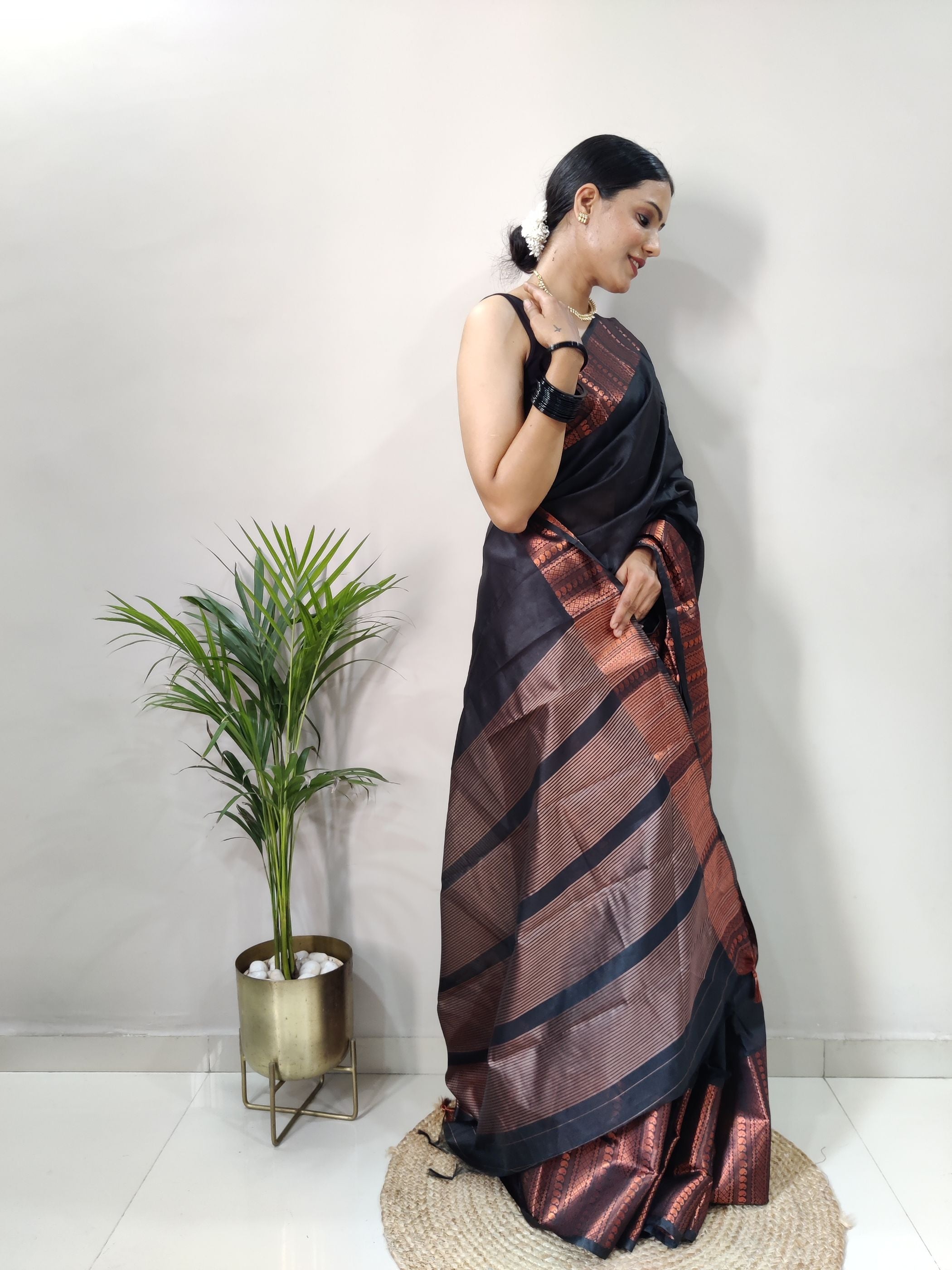 Black Copper Design Mango Kanjivaram Silk Saree