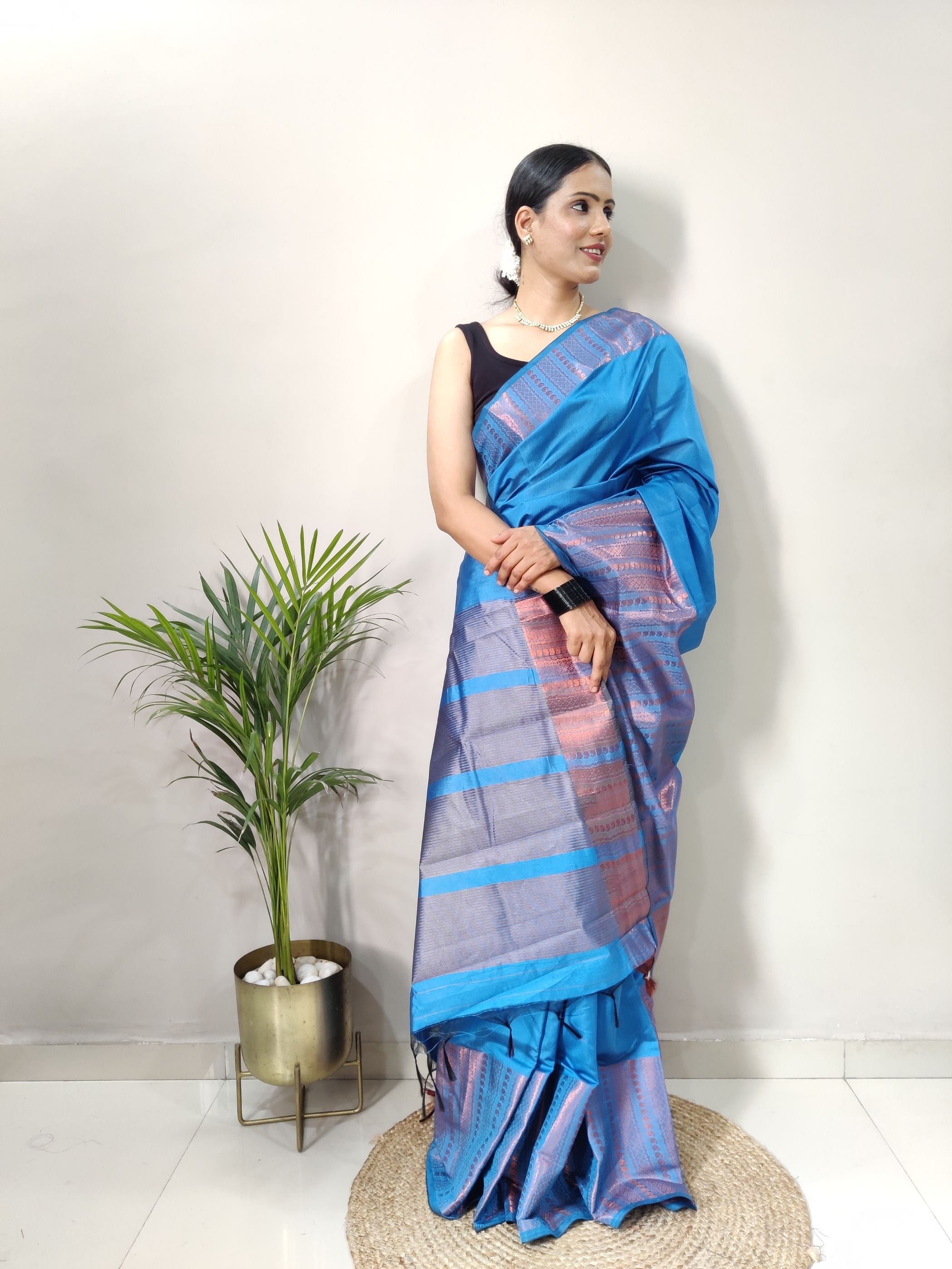 Blue Copper Design Mango Kanjivaram Silk Saree