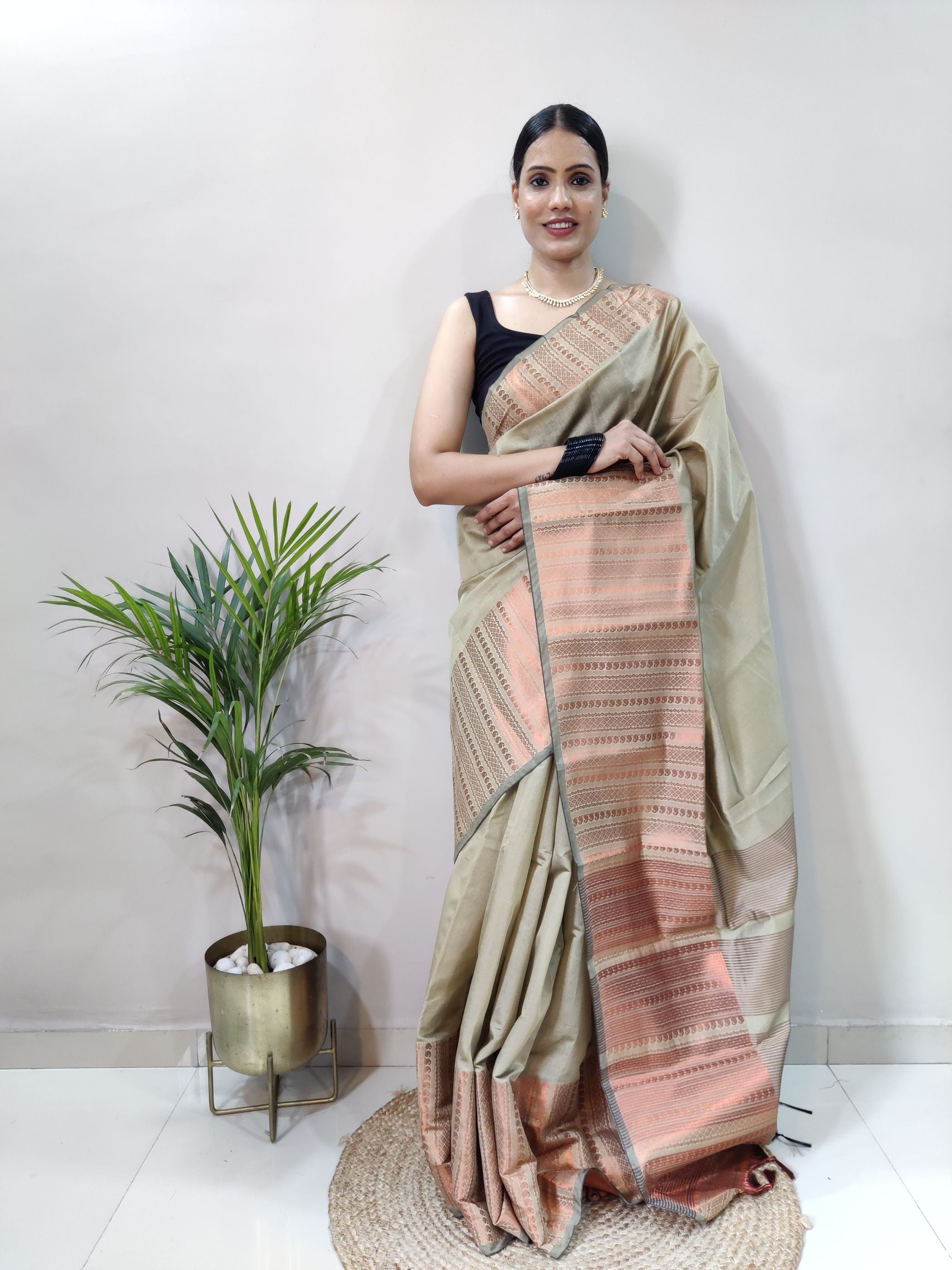 Chiku Copper Design Mango Kanjivaram Silk Saree