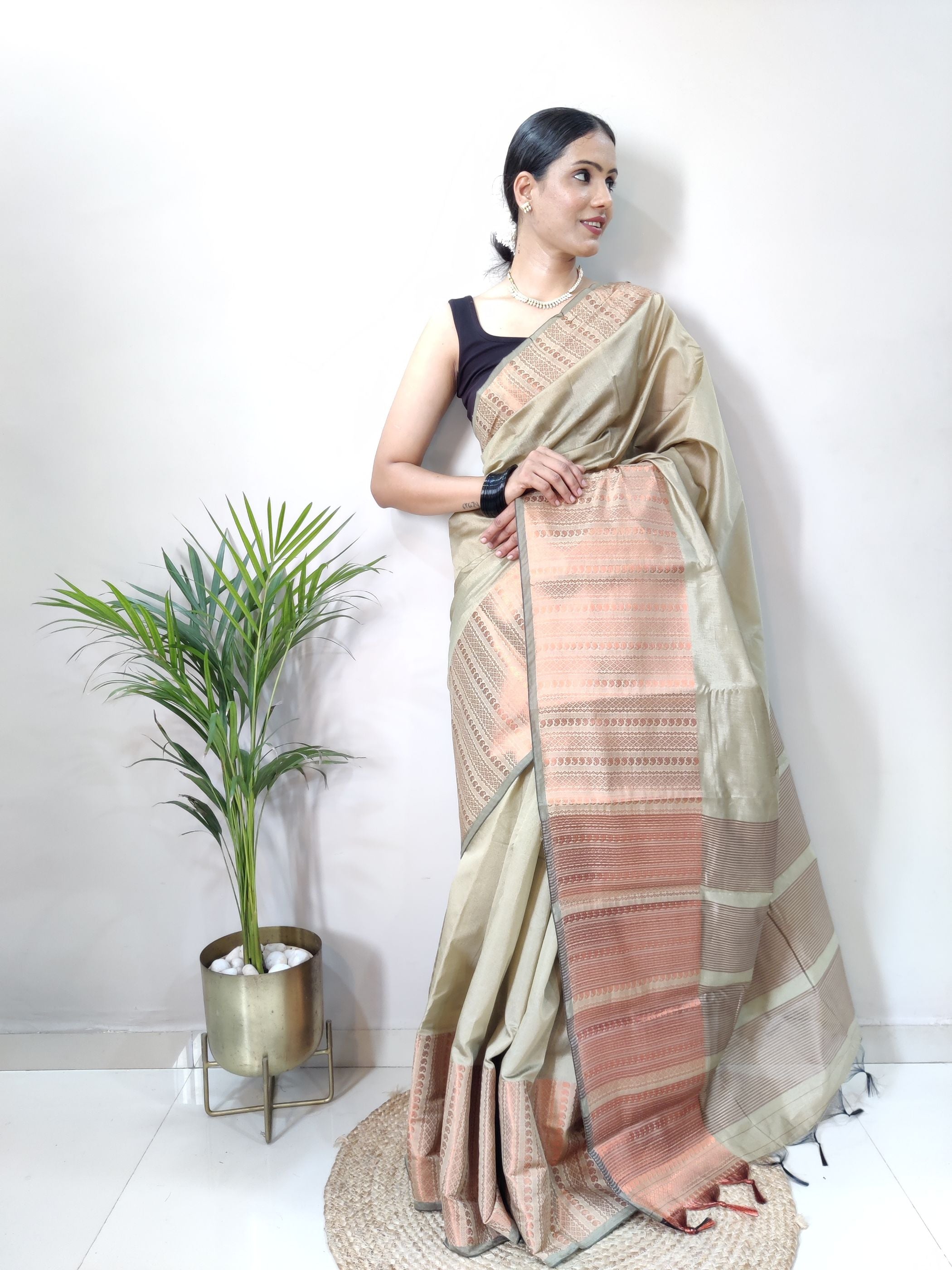 Chiku Copper Design Mango Kanjivaram Silk Saree