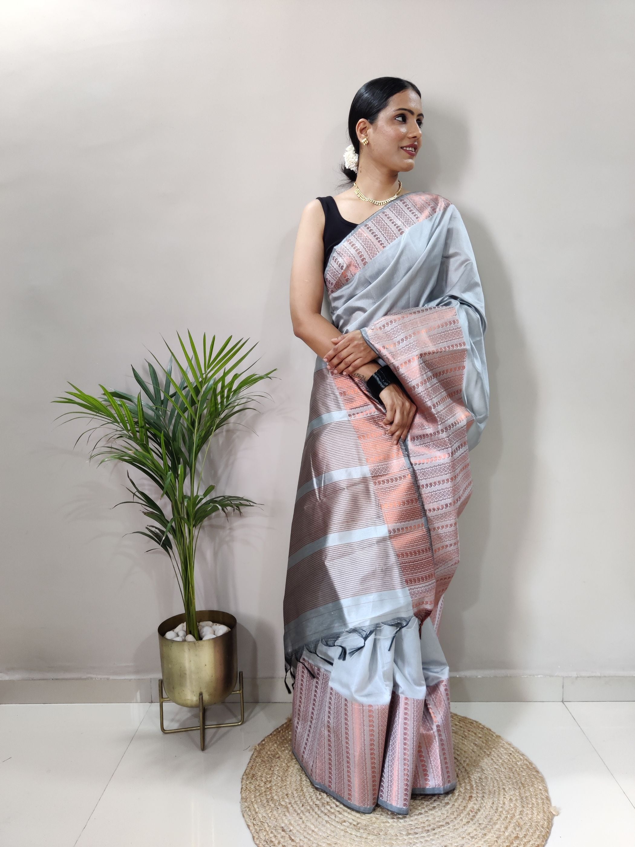 Grey Copper Design Mango Kanjivaram Silk Saree