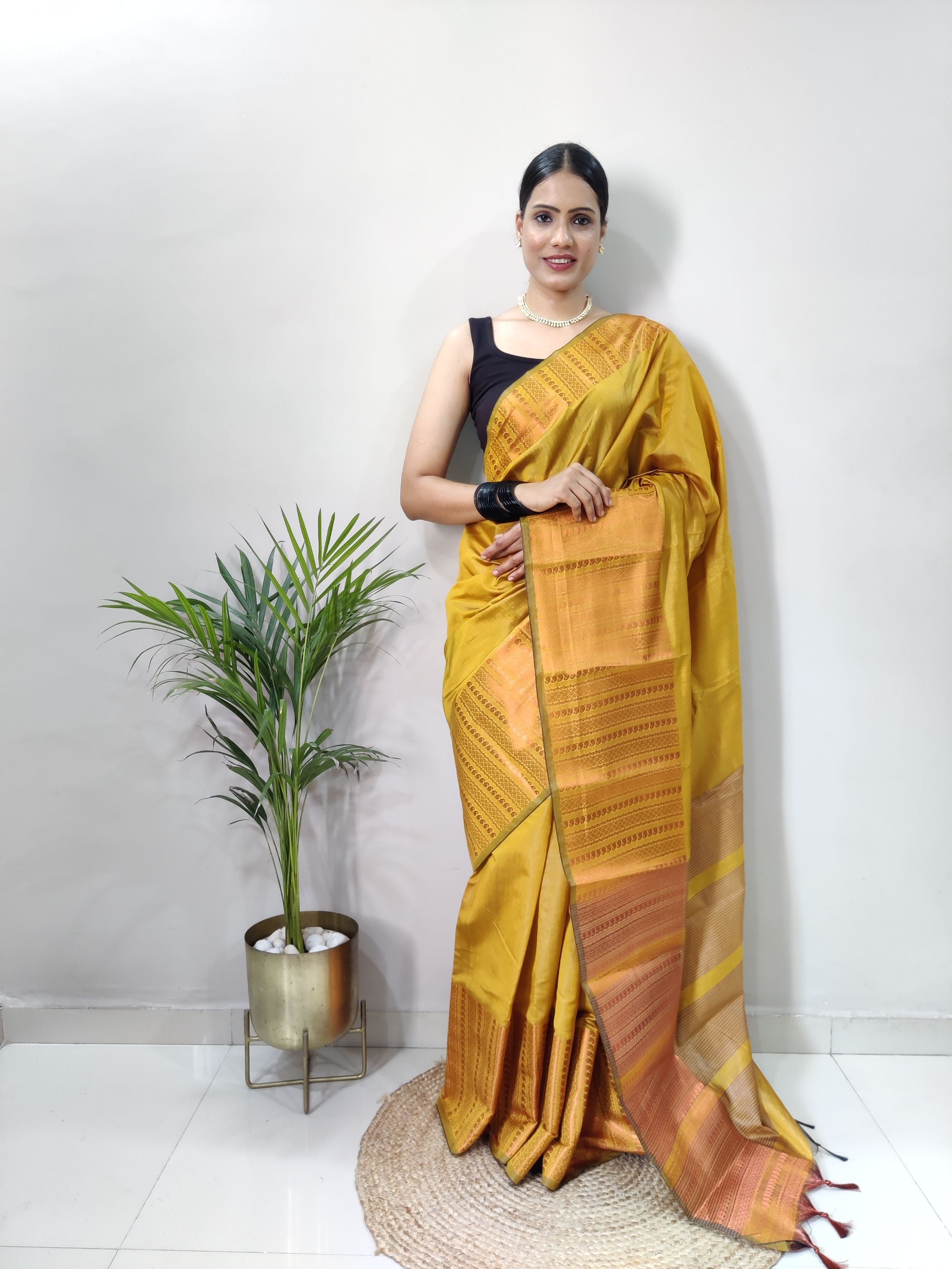 Mustard Copper Design Mango Kanjivaram Silk Saree