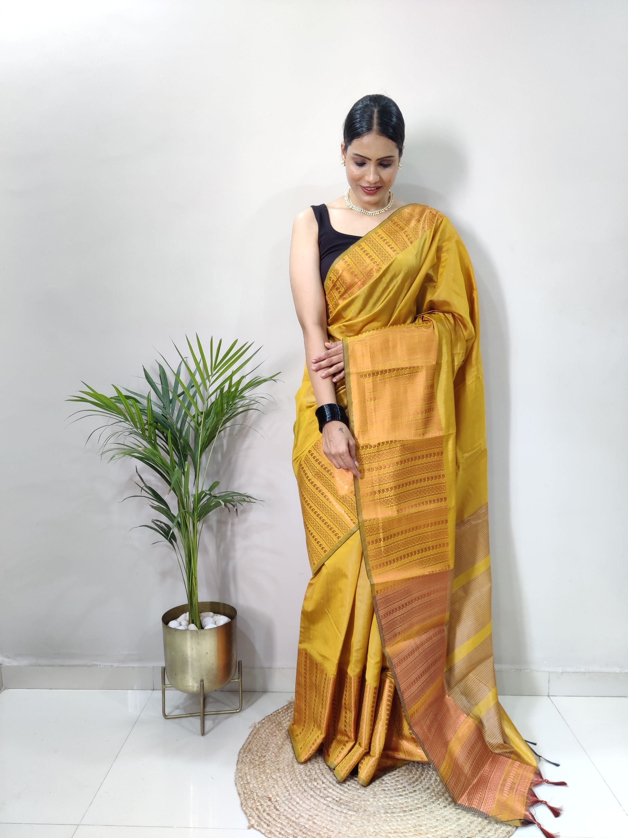 Mustard Copper Design Mango Kanjivaram Silk Saree