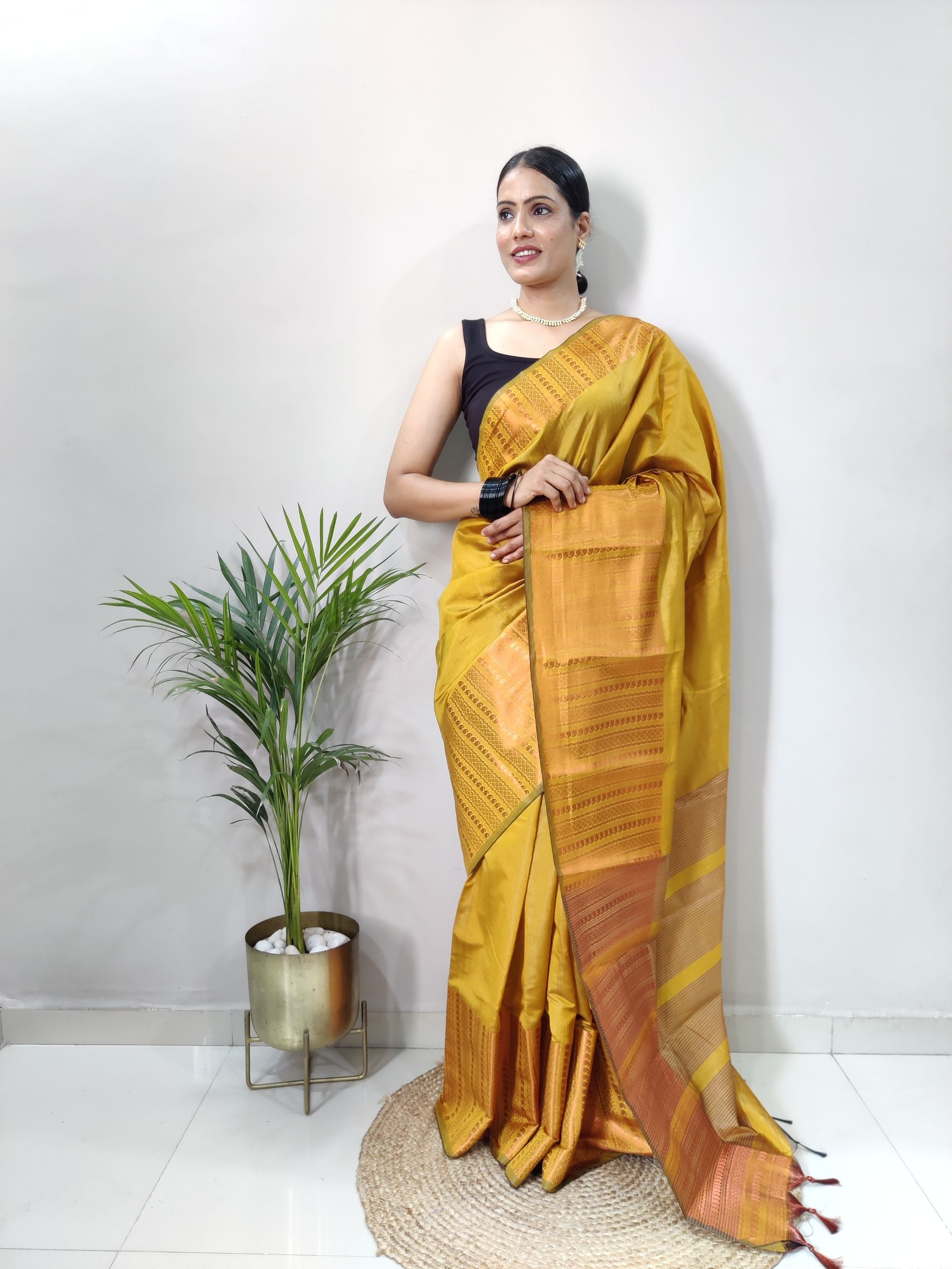 Mustard Copper Design Mango Kanjivaram Silk Saree