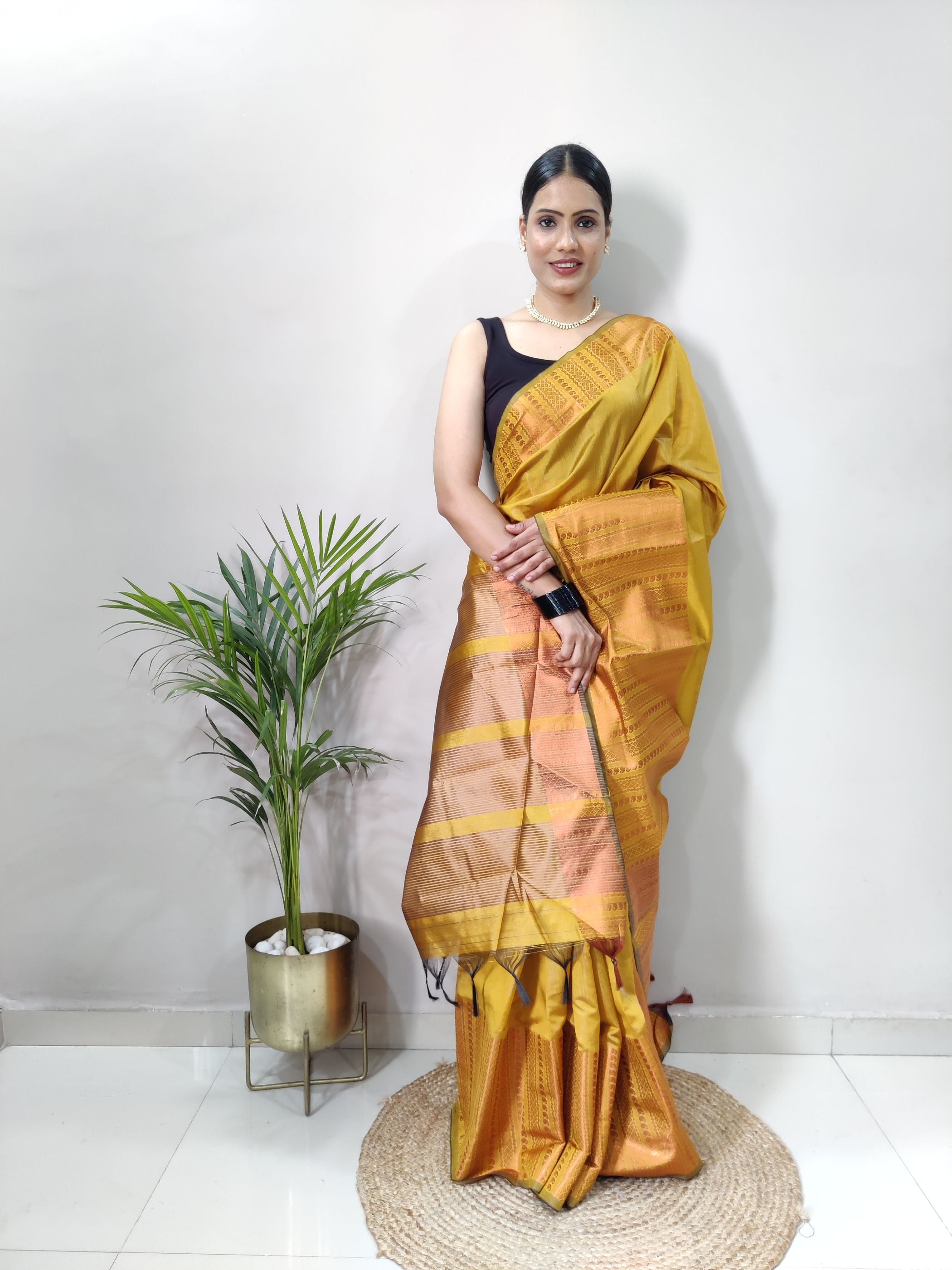 Mustard Copper Design Mango Kanjivaram Silk Saree