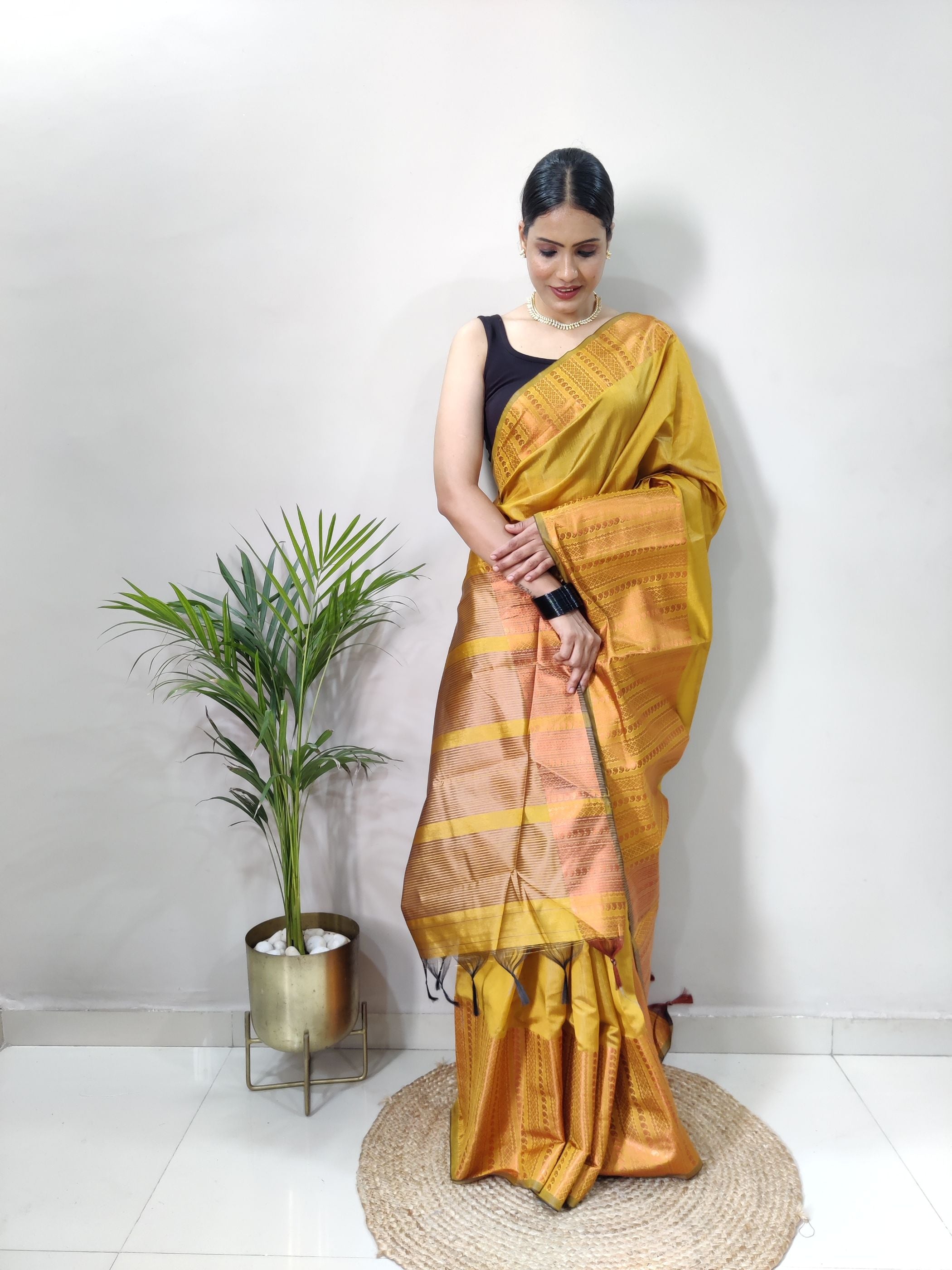 Mustard Copper Design Mango Kanjivaram Silk Saree