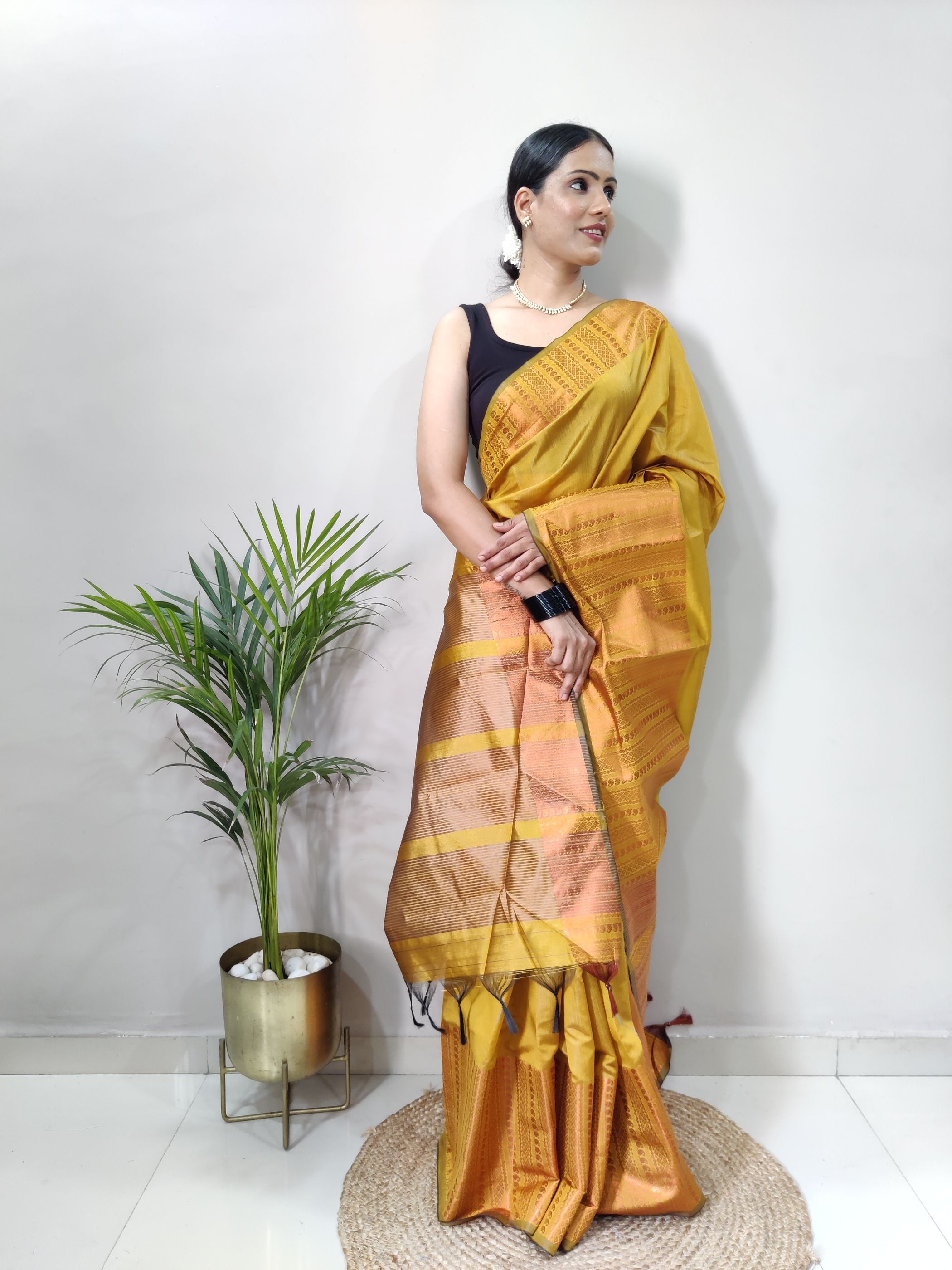 Mustard Copper Design Mango Kanjivaram Silk Saree