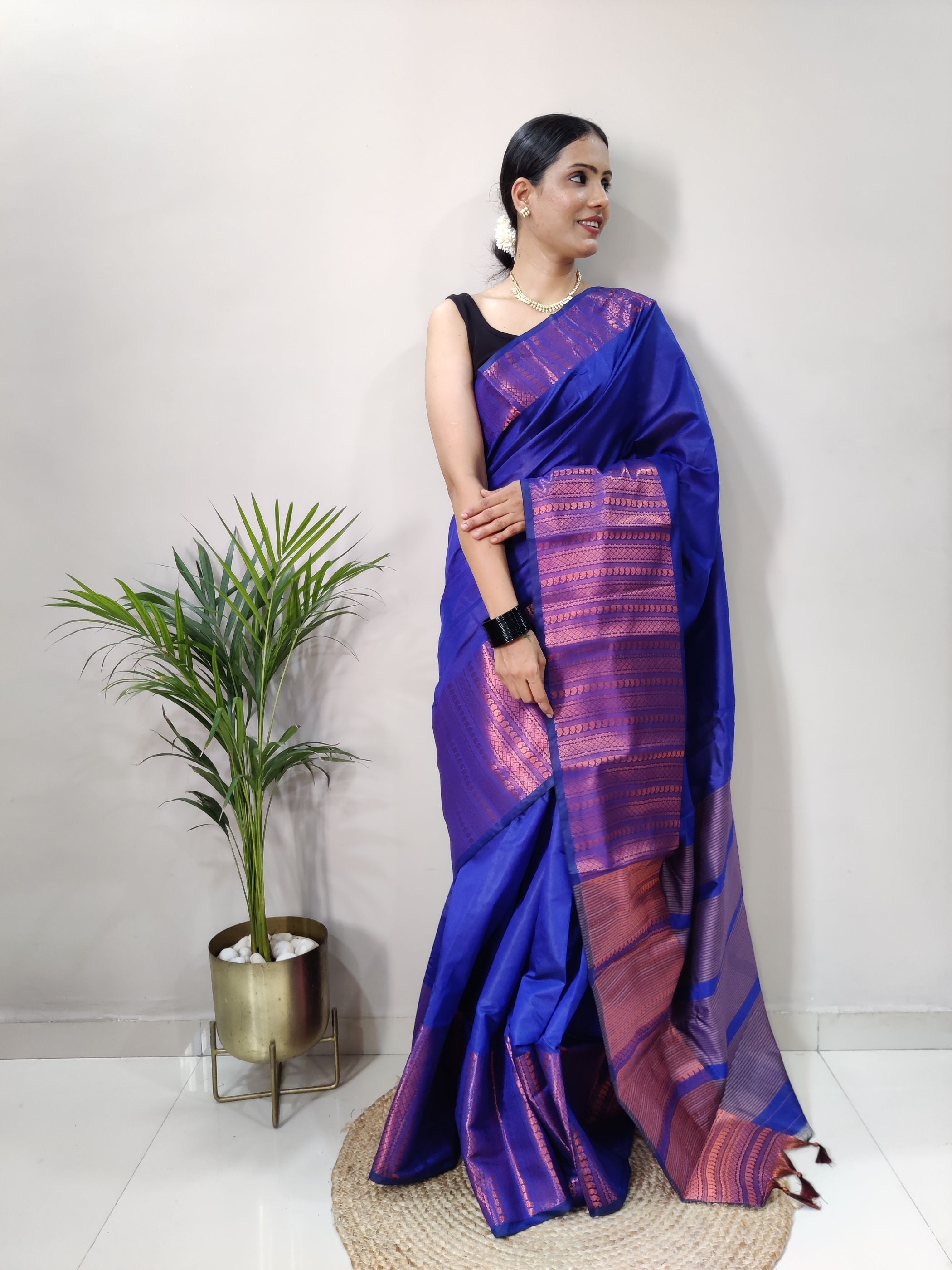 Royal Blue Copper Design Mango Kanjivaram Silk Saree