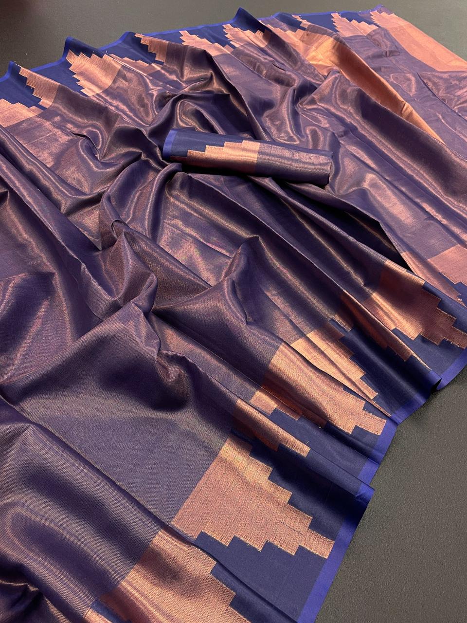 Navy Blue Copper Design Temple Pure Silk Saree