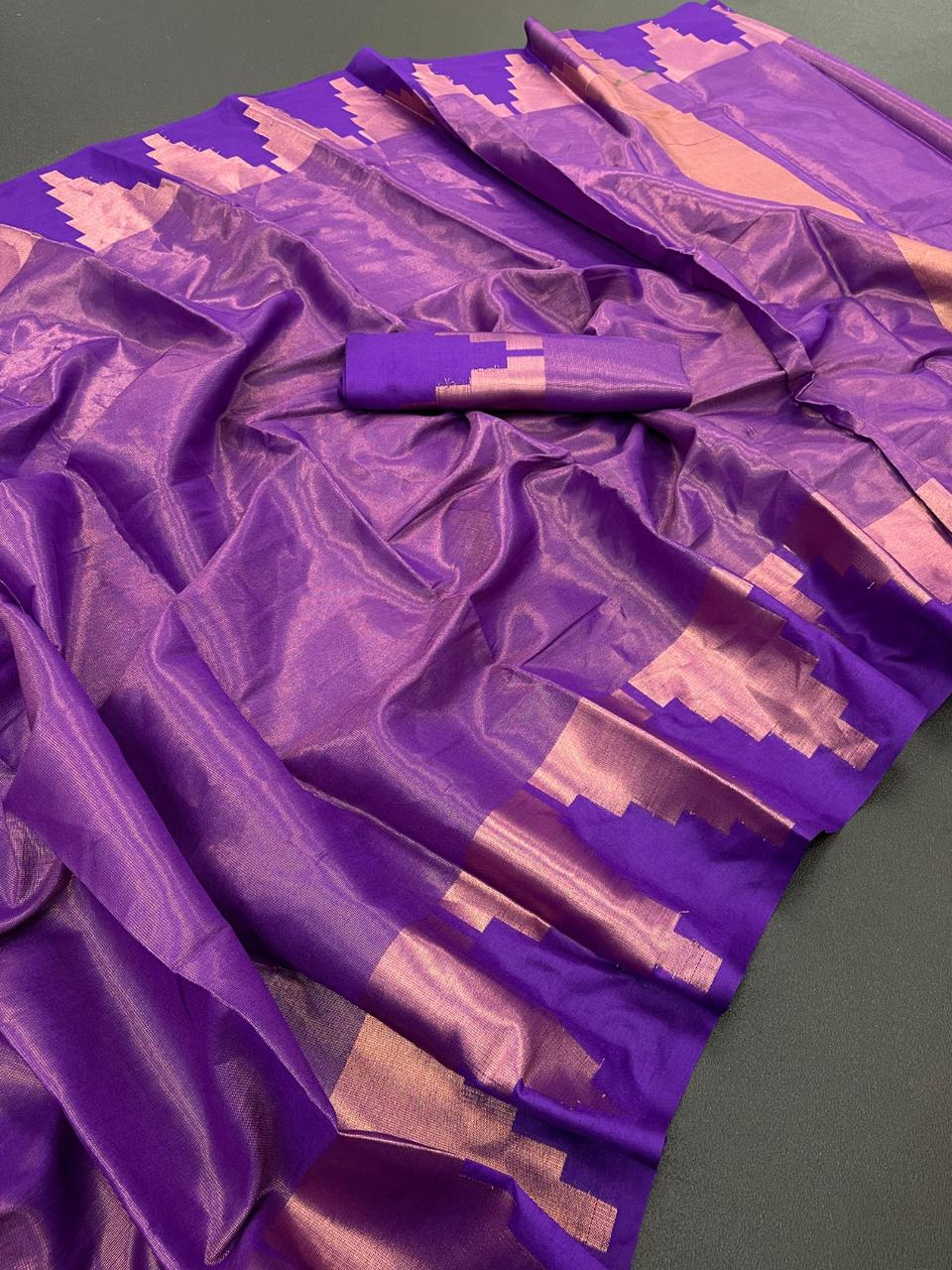 Purple Copper Design Temple Pure Silk Saree