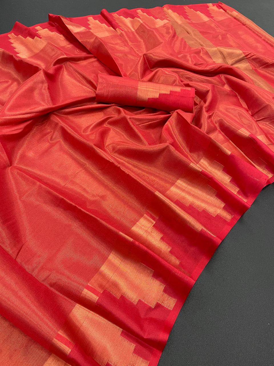 Red Pink Copper Design Temple Pure Silk Saree