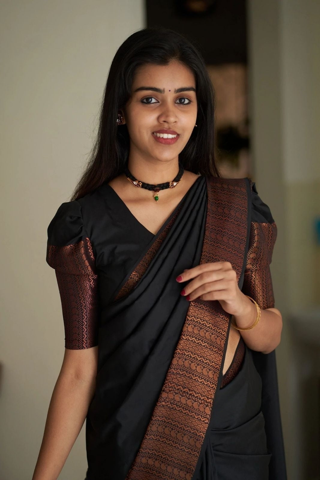 Black Copper Design Mango Kanjivaram Silk Saree