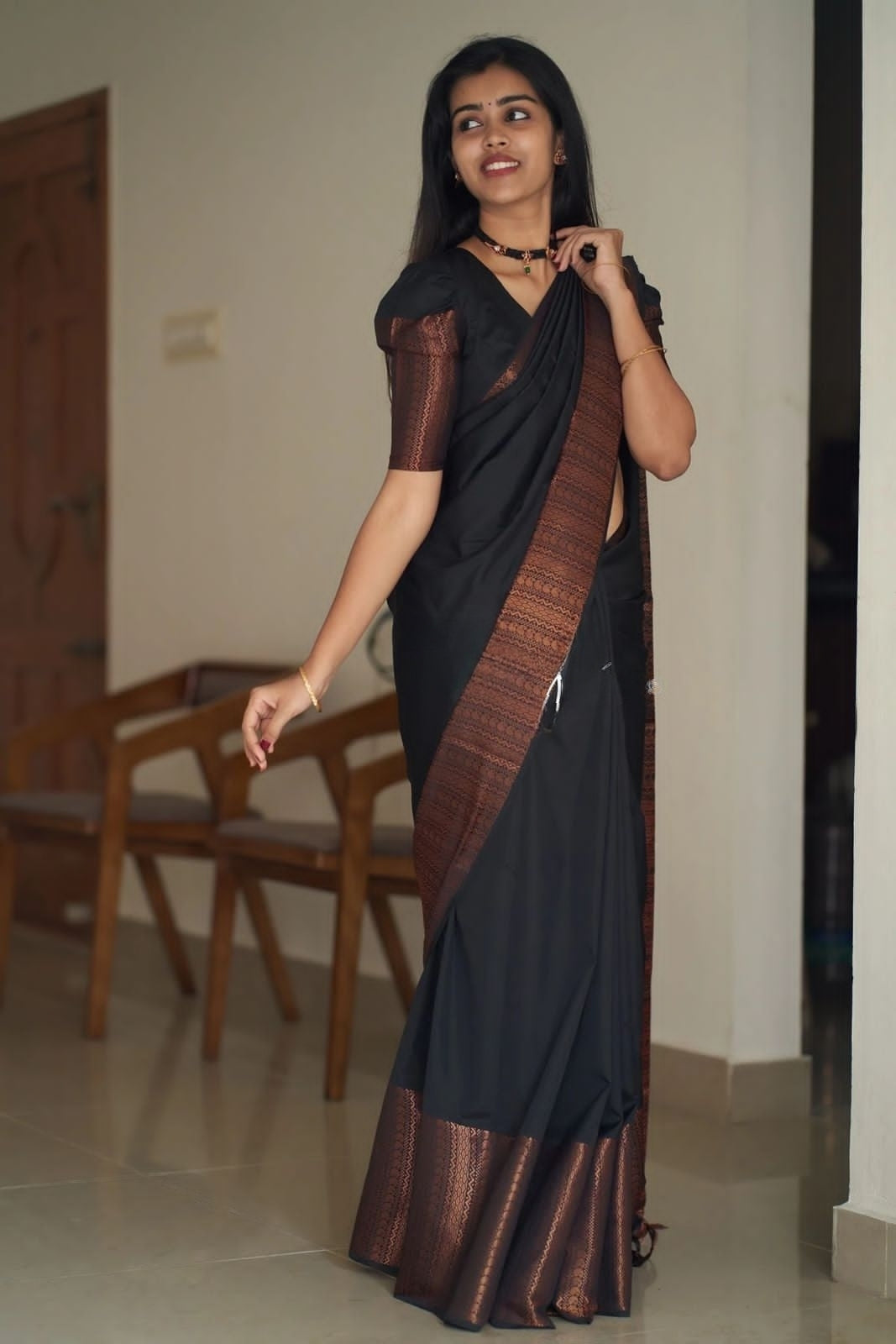 Black Copper Design Mango Kanjivaram Silk Saree