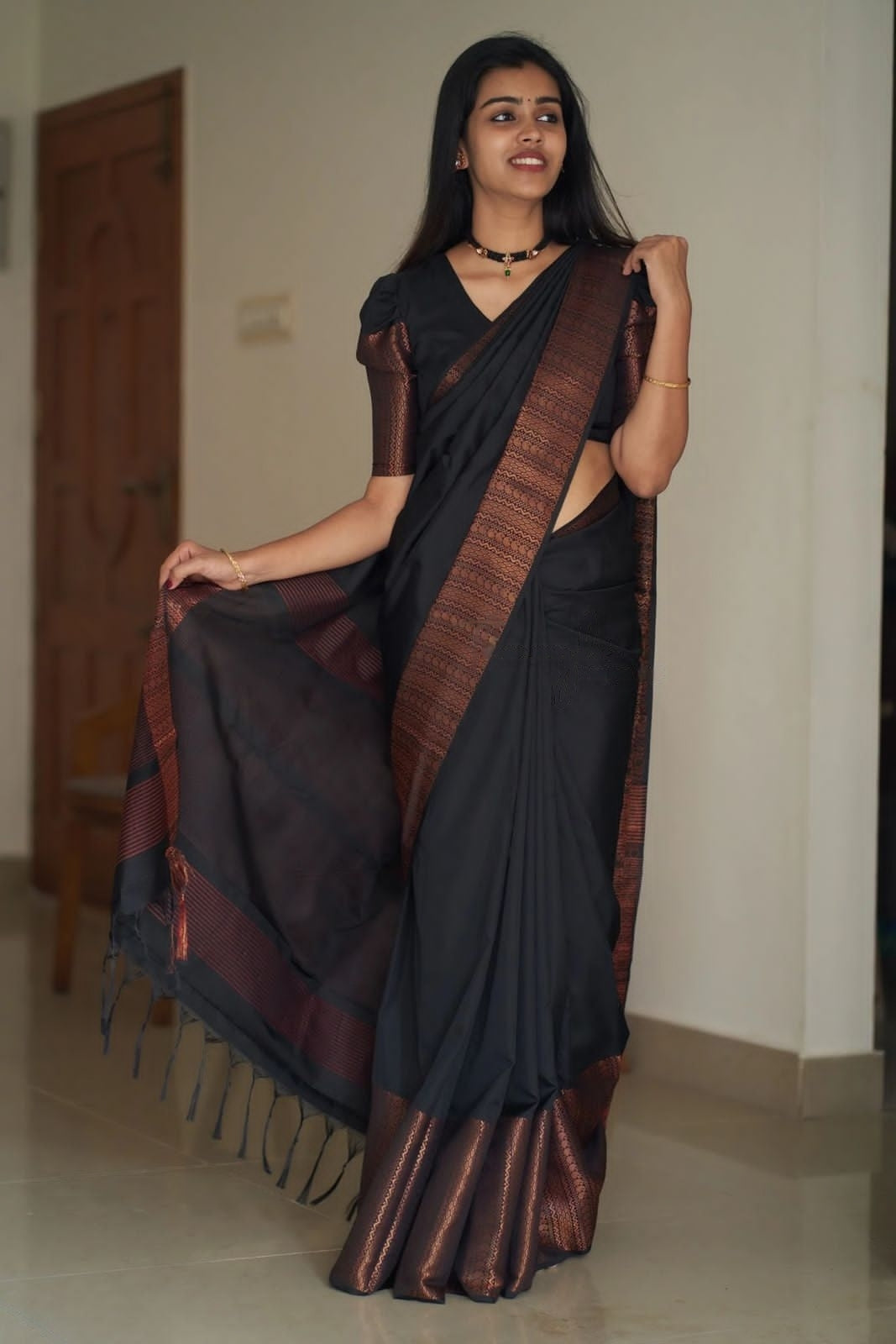 Black Copper Design Mango Kanjivaram Silk Saree