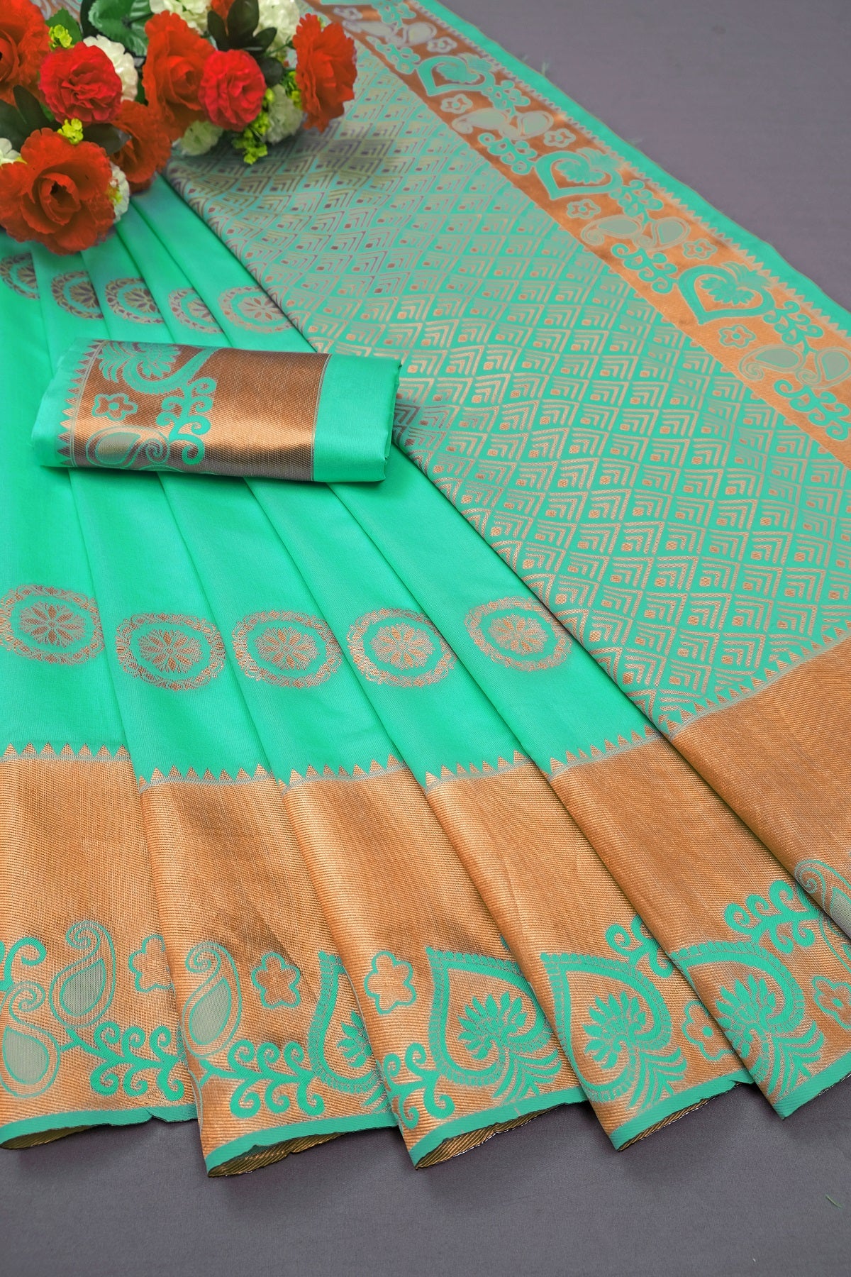 Sky Golden Boarder Copper Dola Silk Saree