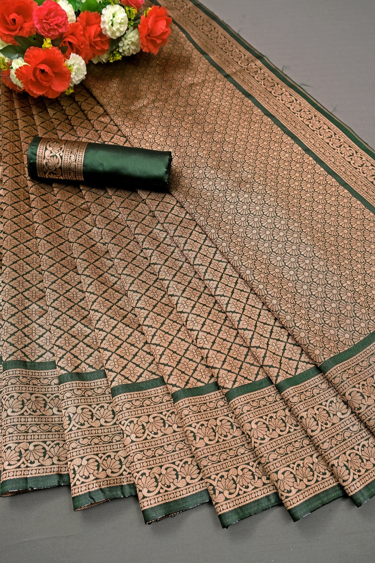 Dark Green Golden Boarder Copper Dola Silk Saree