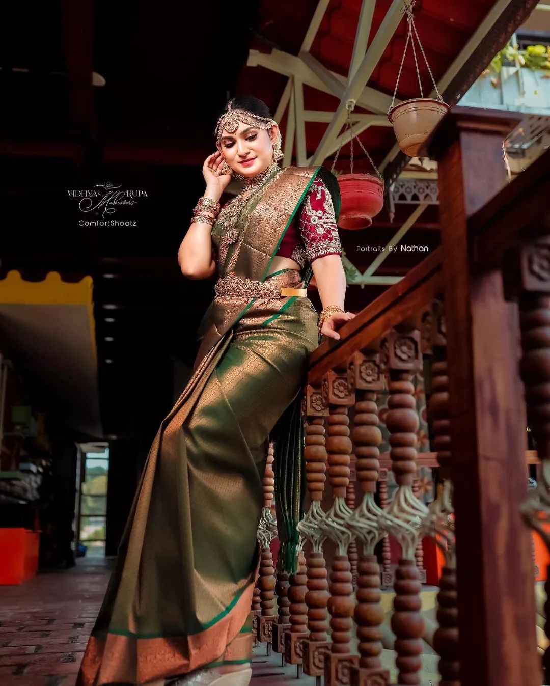 Dark Green Golden Boarder Copper Dola Silk Saree