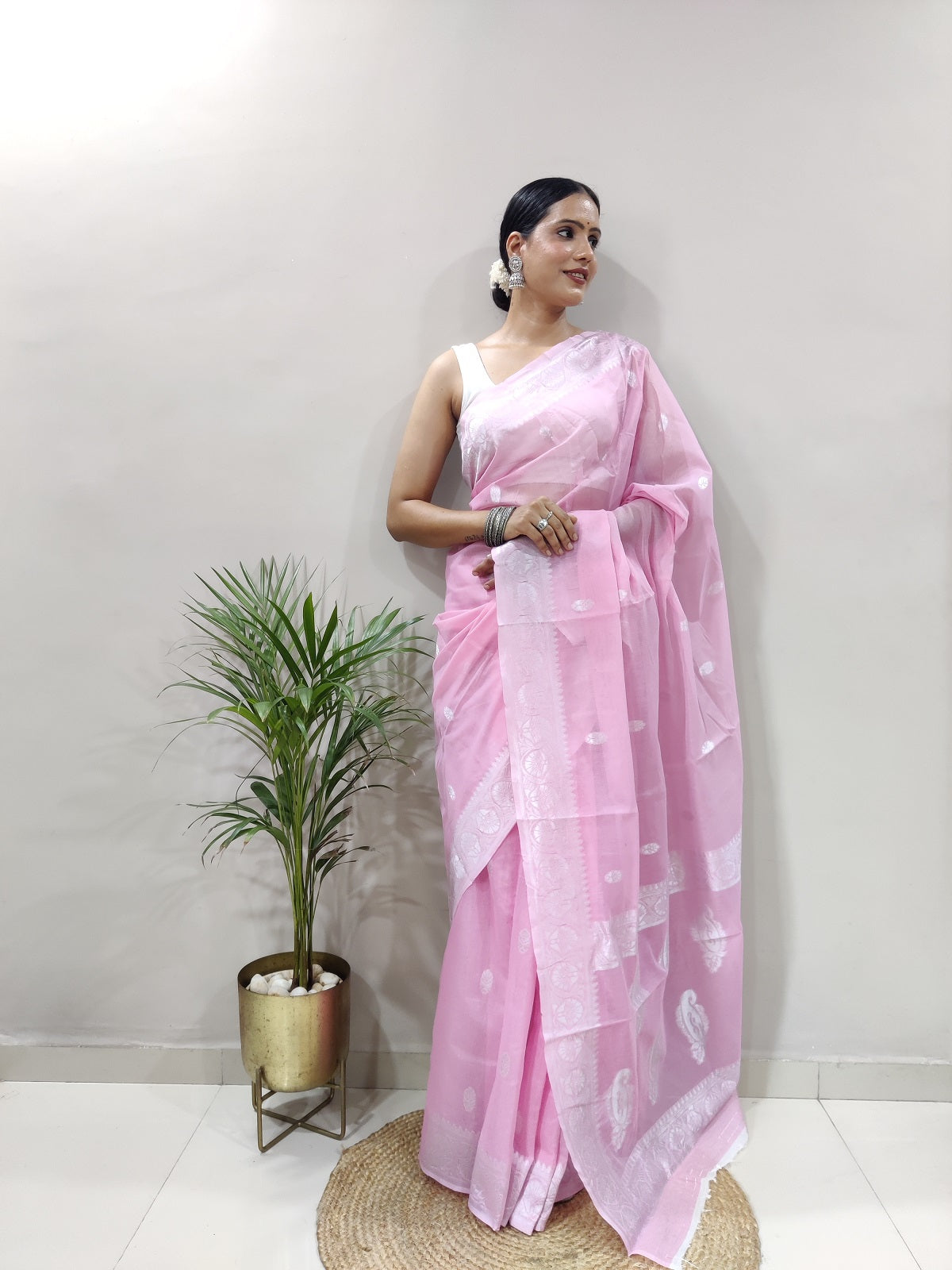 Baby Pink and White Design Spun Cotton Saree