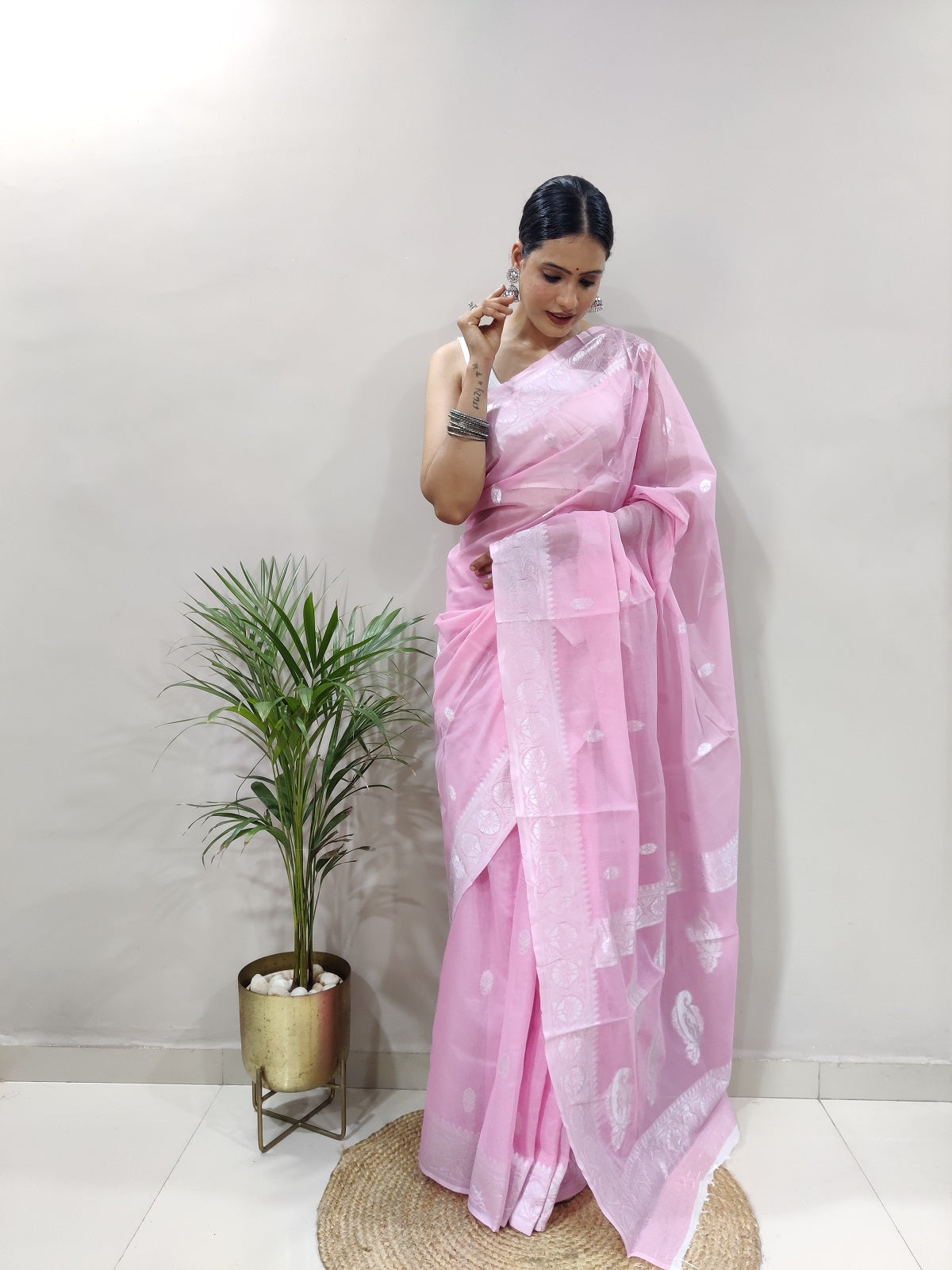 Baby Pink and White Design Spun Cotton Saree