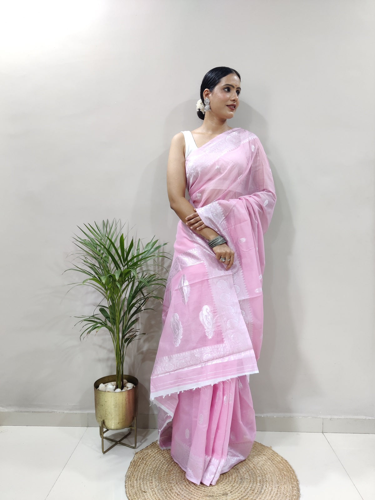 Baby Pink and White Design Spun Cotton Saree