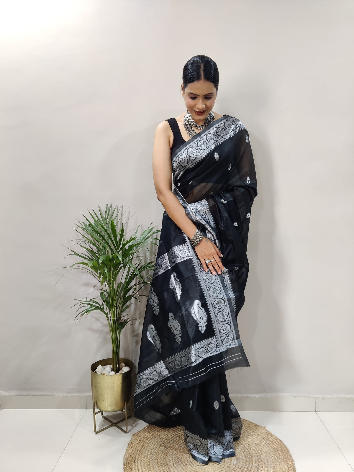 Black and Silver Design Spun Cotton Saree