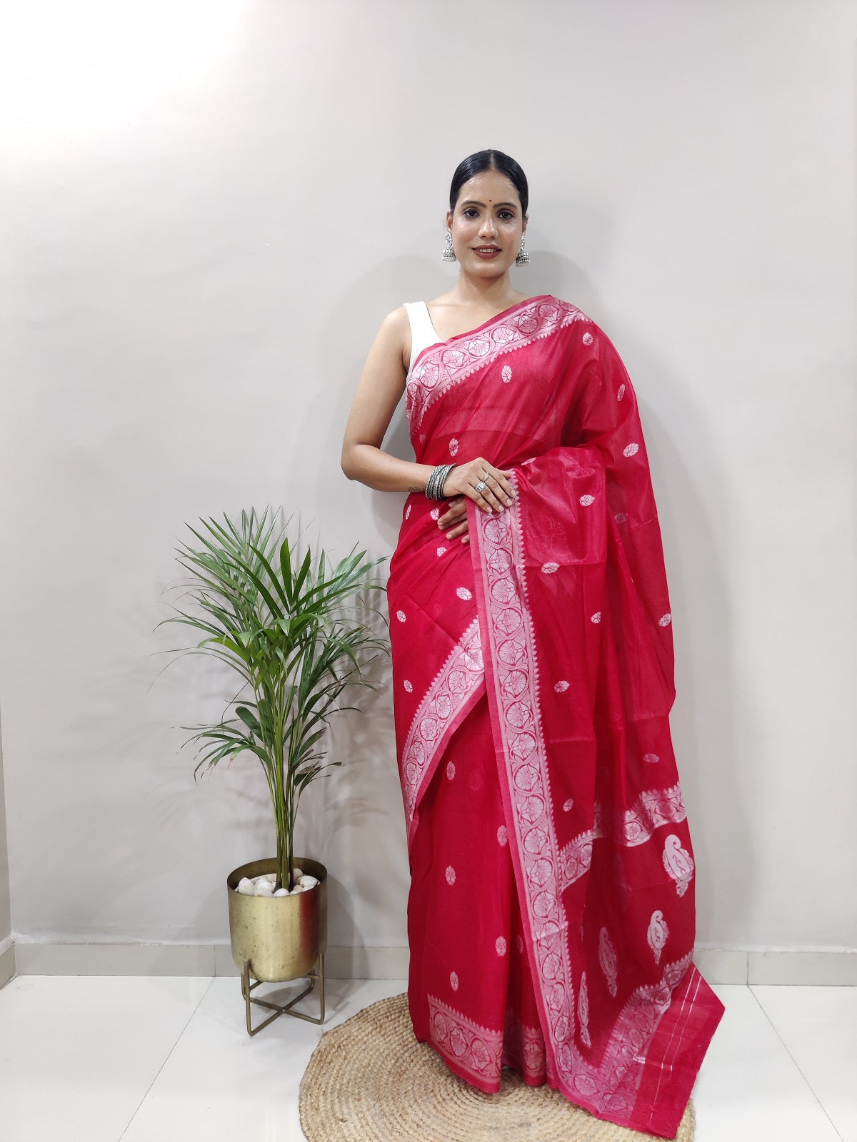 Red and Silver Design Spun Cotton Saree